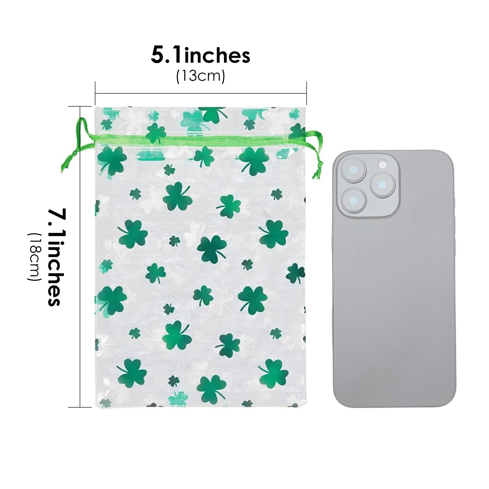 ReignSword 50 Pcs St. Patrick's Day Organza Gift Bags, Shamrock Clover Green Drawstring Mesh Treat Pouches, Goodie Bag for Party Favors, Candy, Jewelry (7 x 5 Inch) - 1