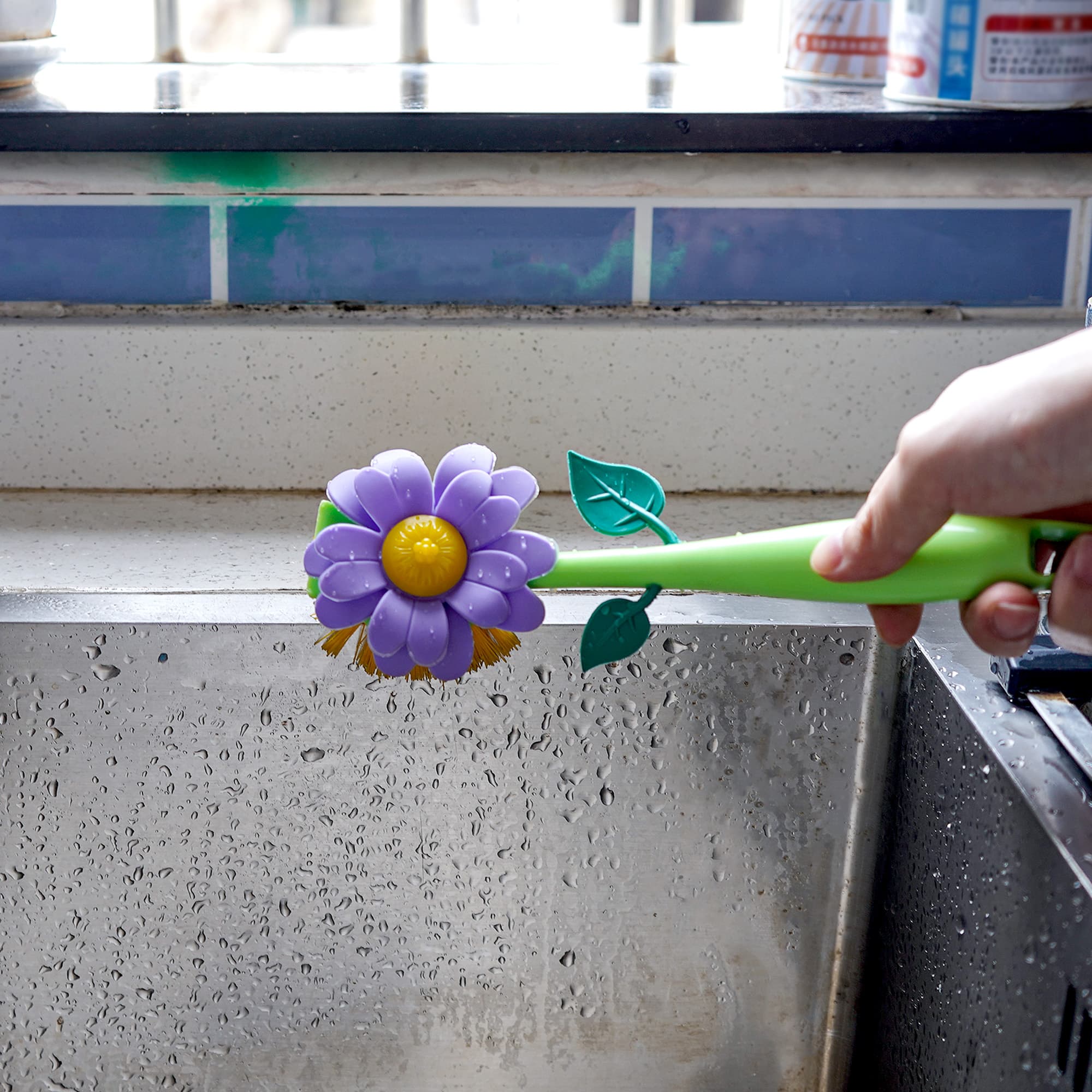 JANKOW Long Handle Flower Pot Brush, Florganic Dish Brush with Vase, Long Handle Dish Brush Kitchen, for Cleaning Pot Pan Sink Kitchen Supplies Decorative Vase (2 Pcs) (Purple/Pink) - 6