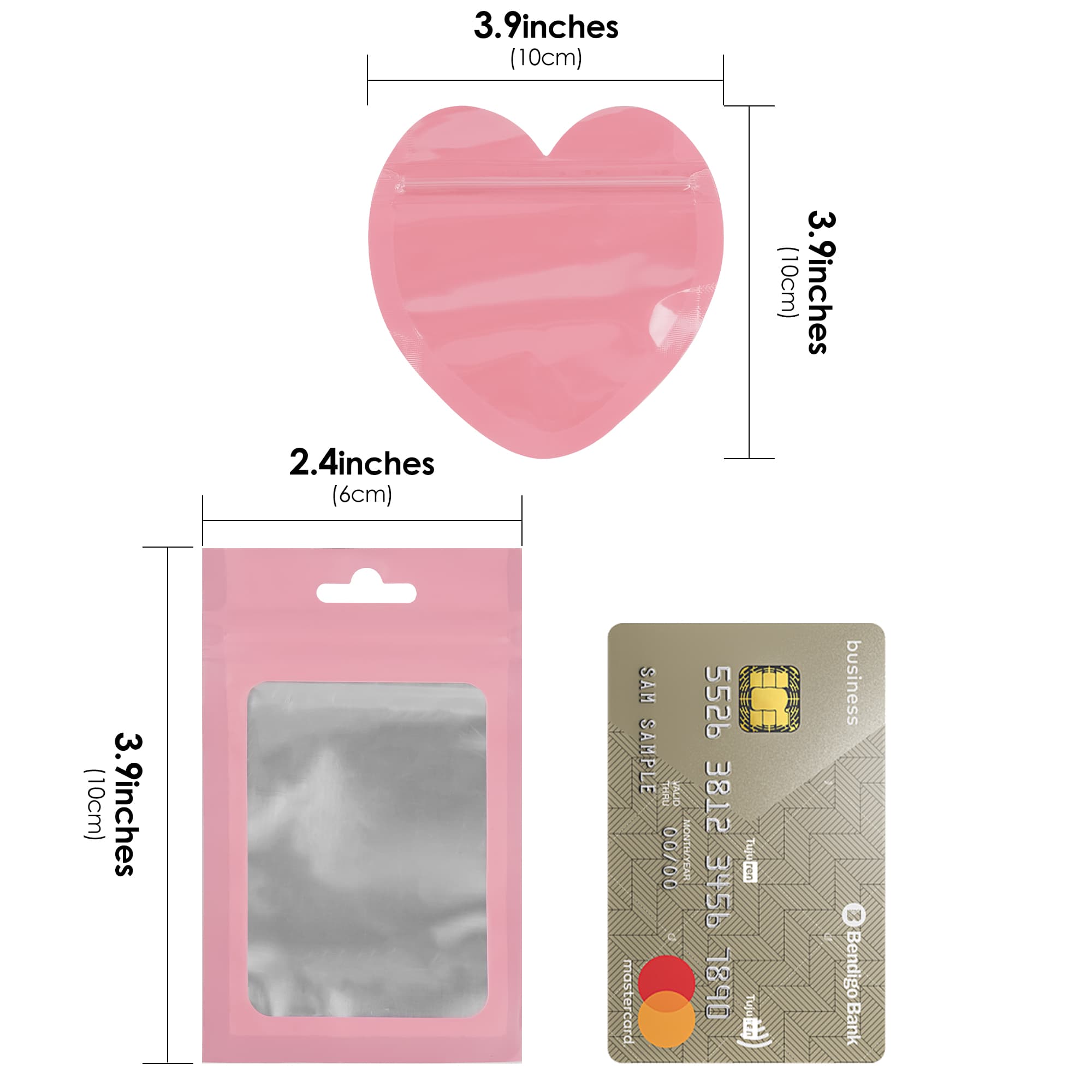ReignSword 100Pcs Pink Gift Bags, Resealable Heart & Rectangle Clear Front Ziplock Mylar Bags for Jewelry, Candy, Party Favors, Wedding & Small Business Packaging (5 x 3 Inch, 3.9 x 3.9 Inch) - 3