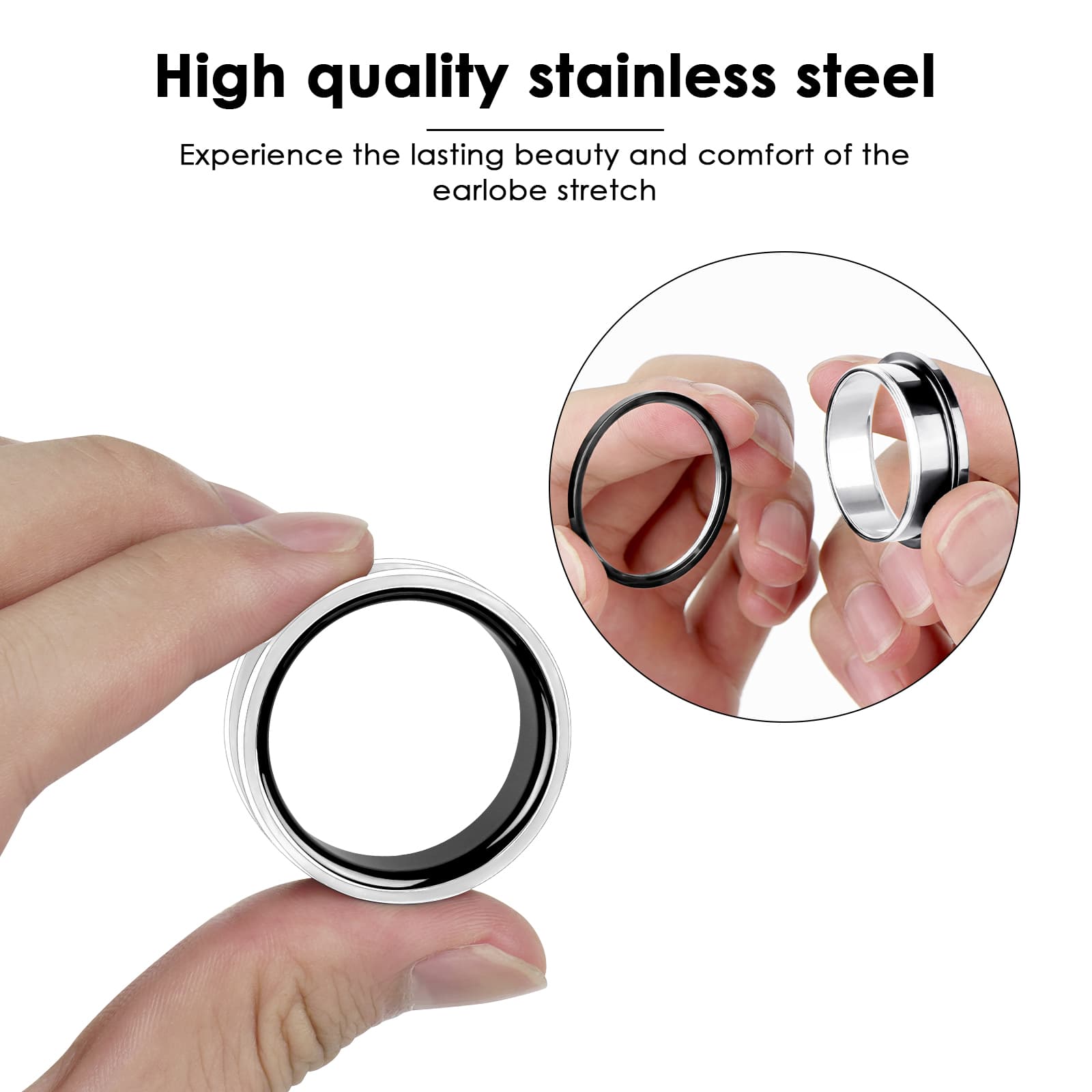 CAIRIAC Stainless Steel Ear Gauges Screw Plugs, 30mm Tunnels for Ears, Large Double Flared Ear Expander Stretcher Earrings for Women Men Gifts (Black, Silver,1 Pair) - 2