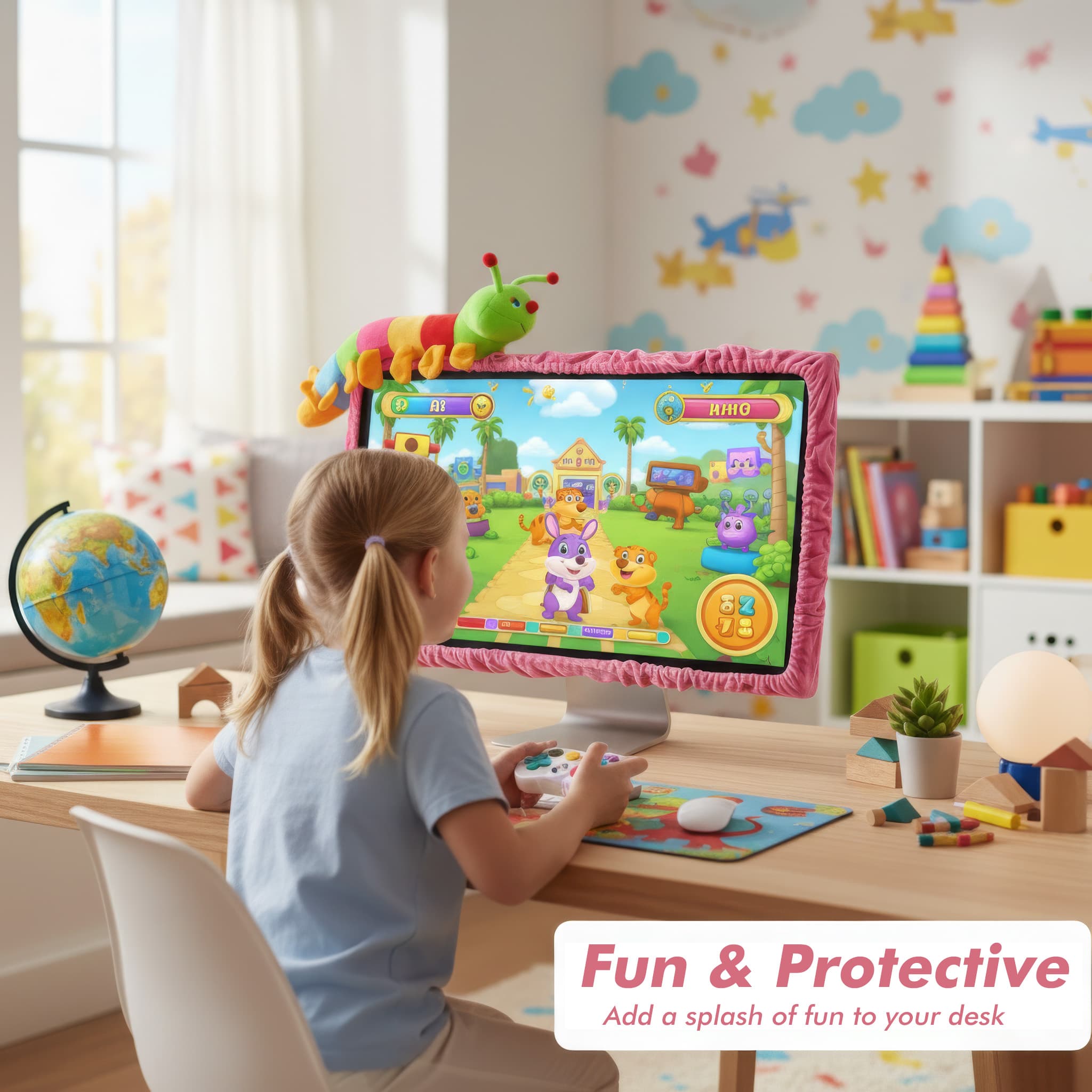 23"-27" Lovely Cute Caterpillar Computer Monitor Cover with Elastic, TV LCD Screen Monitor Decoration Dust Cover Protector, Pink - 4