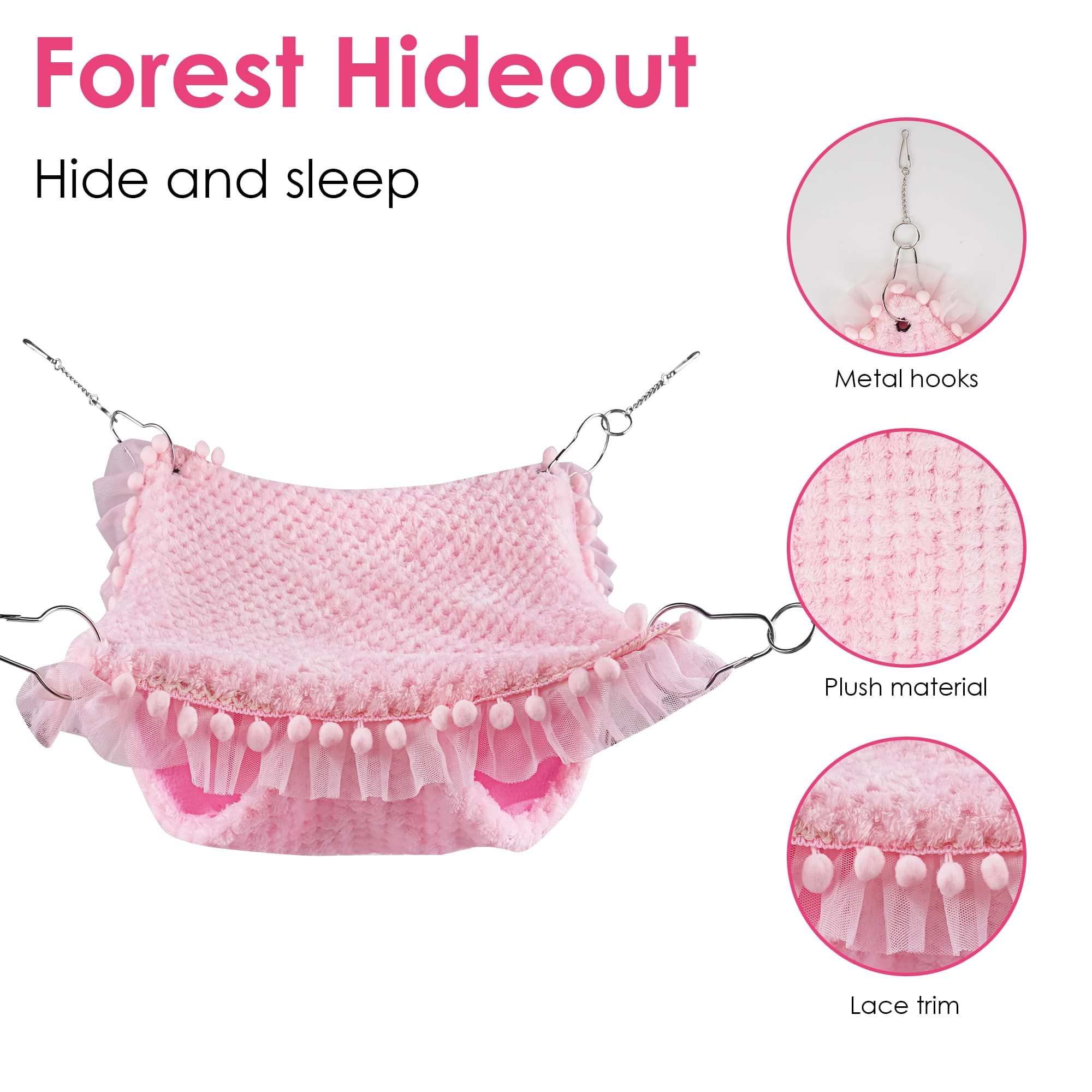 ReignSword Guinea Pig Hideout, Warm Guinea Pig Bed with Lace Trim, Hanging Bunkbed Hammock Cage Accessories for Ferret, Rat, Hamster, Chinchilla, Sugar Glider, Squirrel (Pink) - 2