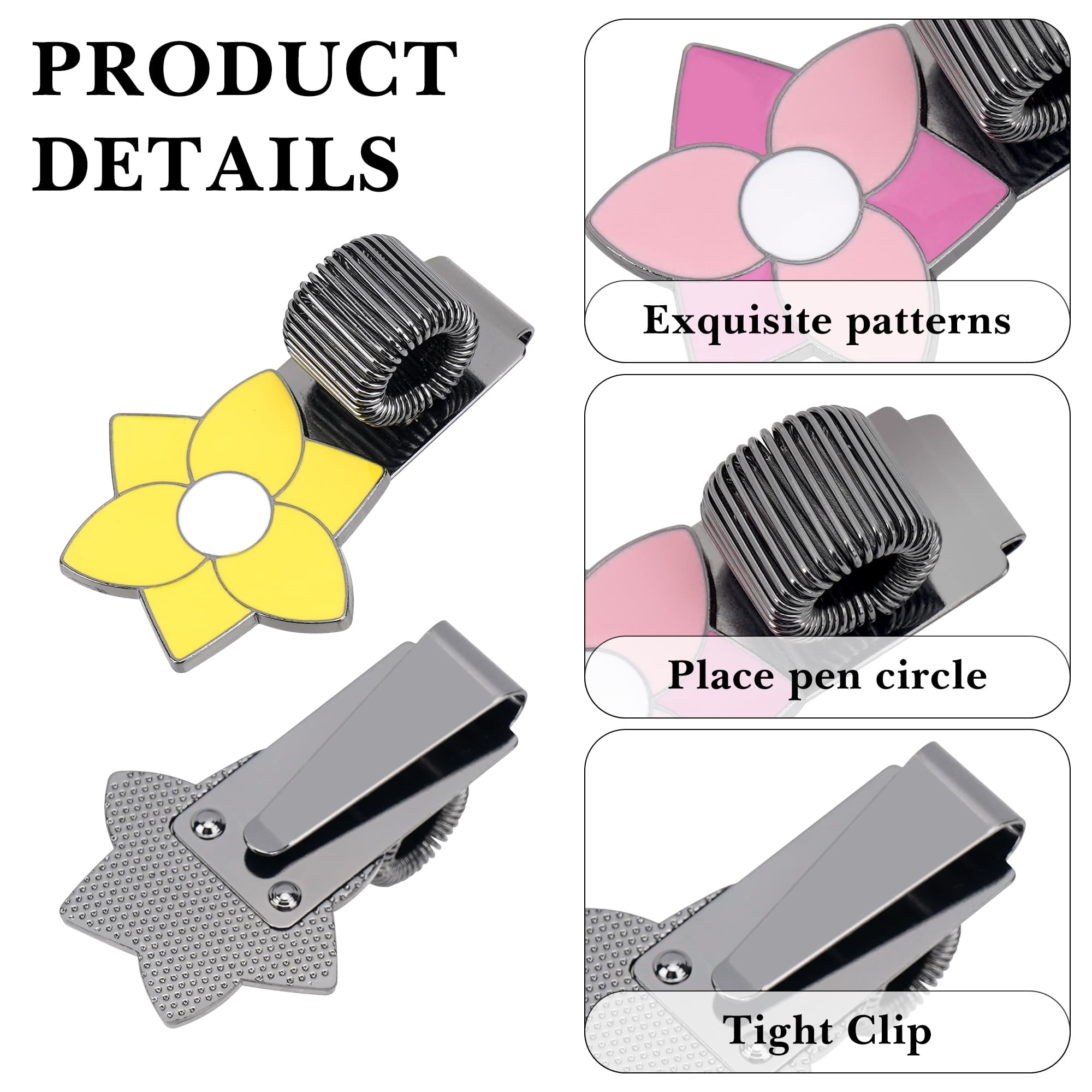 ReignSword 2 Pcs Metal Pen Holder Clips, Decorative Floral Pen Clip, Adjustable Spring Loop Pencil Organizer for Notebooks, Clipboards, Pockets (Pink, Yellow) - 2