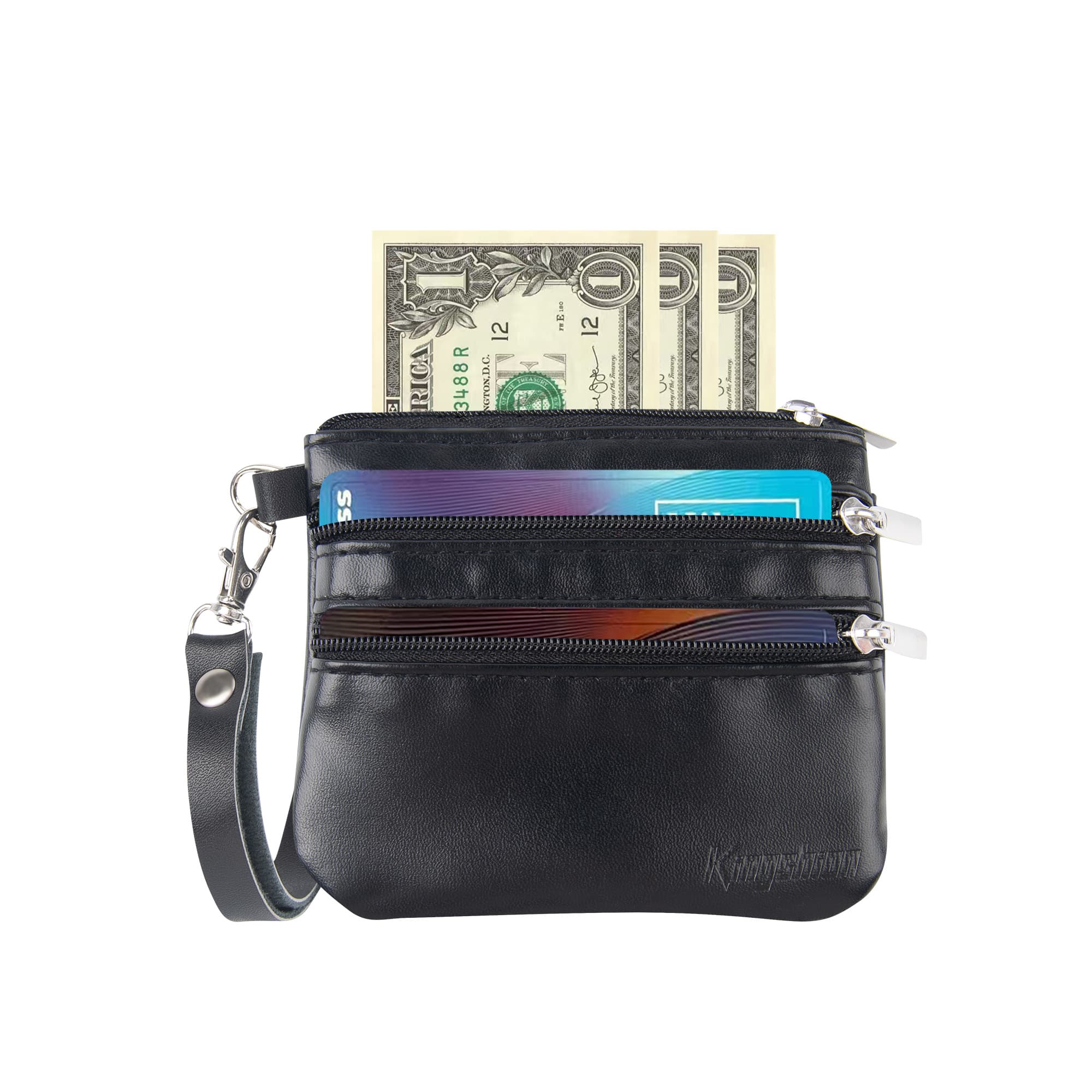 Mini Handheld Coin Purse Wallet with Detachable Wrist Strap - PU Leather Small Wallet with Front Transparent ID Window, Top Large Cash Zipper Compartment, Back Double Zipper Pockets for Cards & Coins - 1