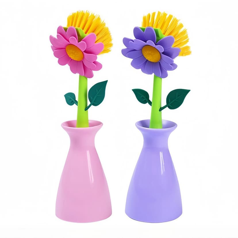 JANKOW Long Handle Flower Pot Brush, Florganic Dish Brush with Vase, Long Handle Dish Brush Kitchen, for Cleaning Pot Pan Sink Kitchen Supplies Decorative Vase (2 Pcs) (Purple/Pink)