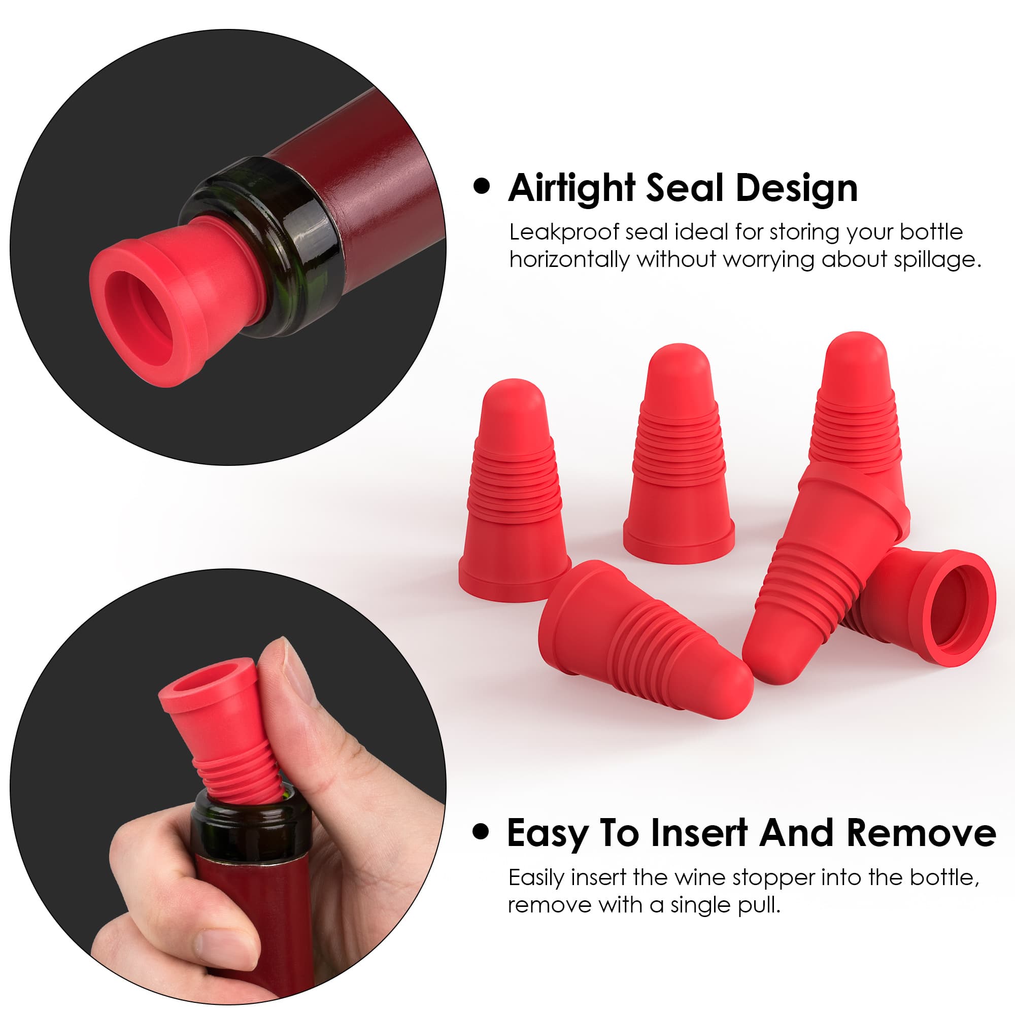 JANKINGS Silicone Wine Stoppers, Red, 6-Pack - Reusable Airtight Bottle Plugs for Wine Bottles, Food-Grade, Leak-Proof, Easy-Grip, Dishwasher Safe - 3