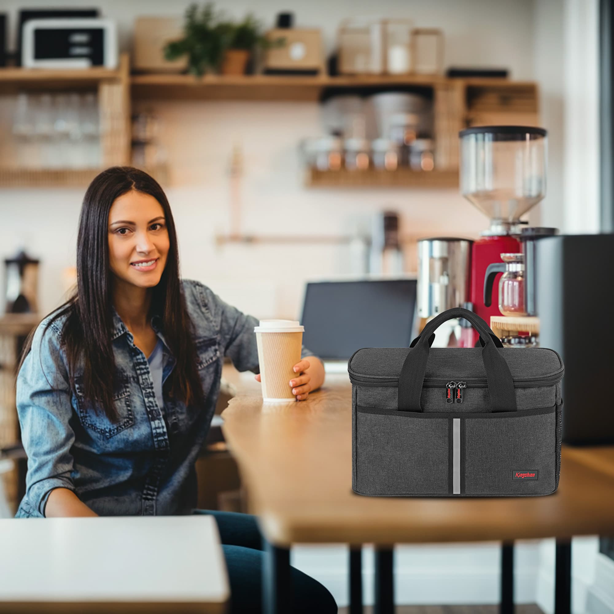 Reusable 3 Cups Coffee Drink Carrier, Portable Insulated Drink Caddy Cup Holder with Dividers, Side Bag and Thermal Insulation Hand-held Travel Bag - Dark Grey - 5
