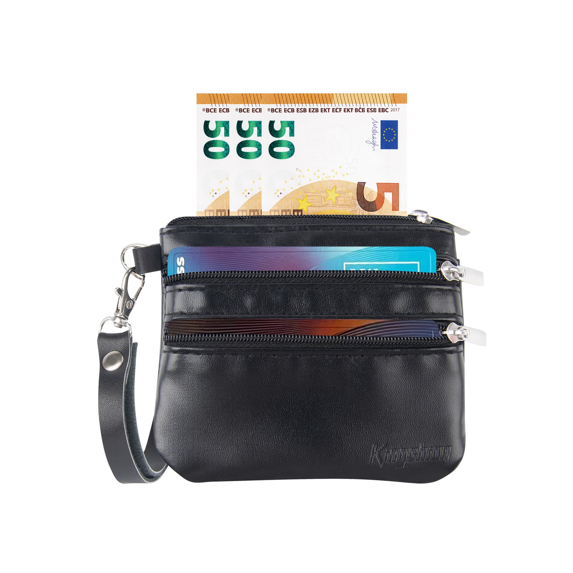 Mini Handheld Coin Purse Wallet with Detachable Wrist Strap - PU Leather Small Wallet with Front Transparent ID Window, Top Large Cash Zipper Compartment, Back Double Zipper Pockets for Cards & Coins - 2