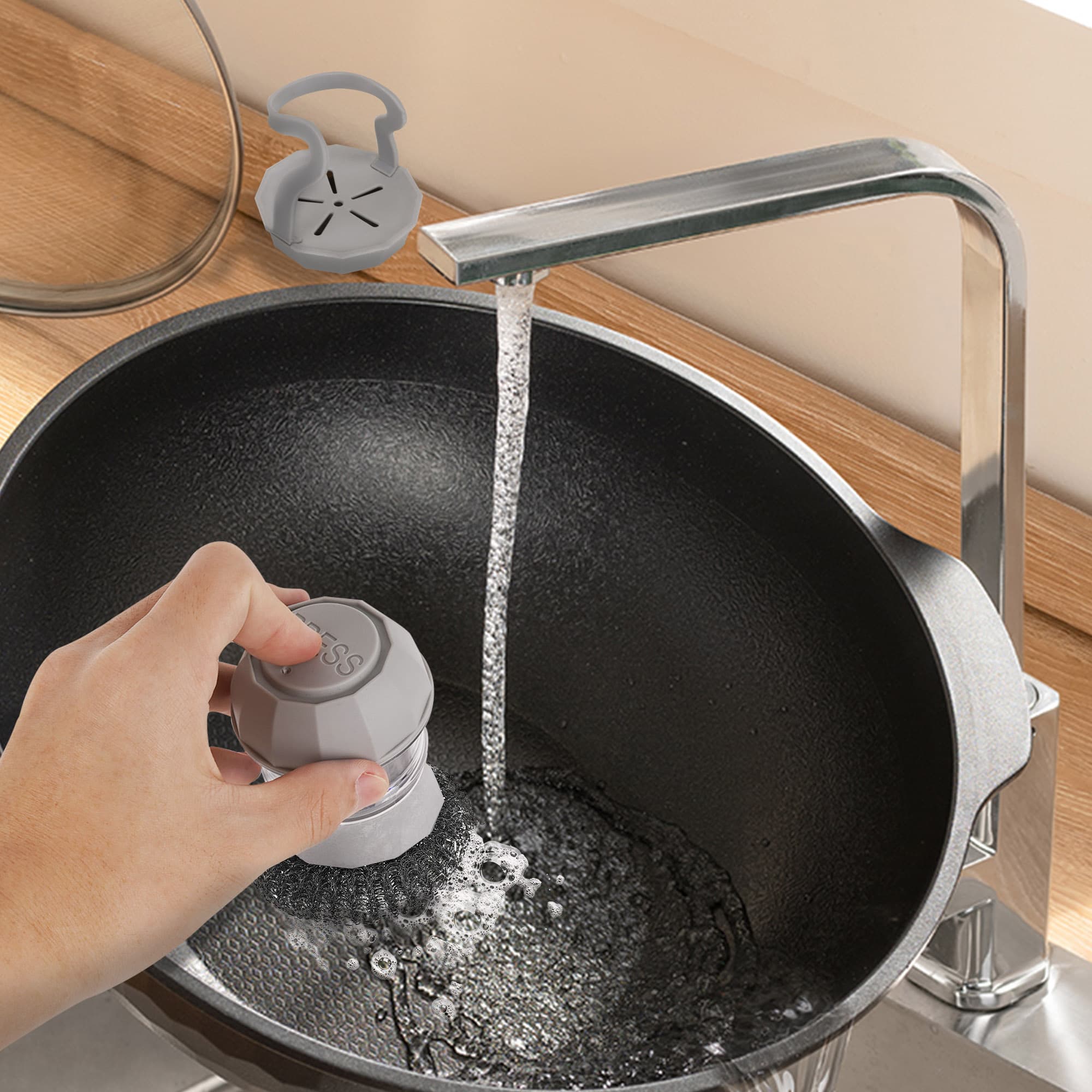 JANKOW Soap Dispensing Steel Wool Dish Brush, Palm Scrubber with Refillable Handle for Pots, Pans & Cast Iron, Grey, 1-Pack - 5