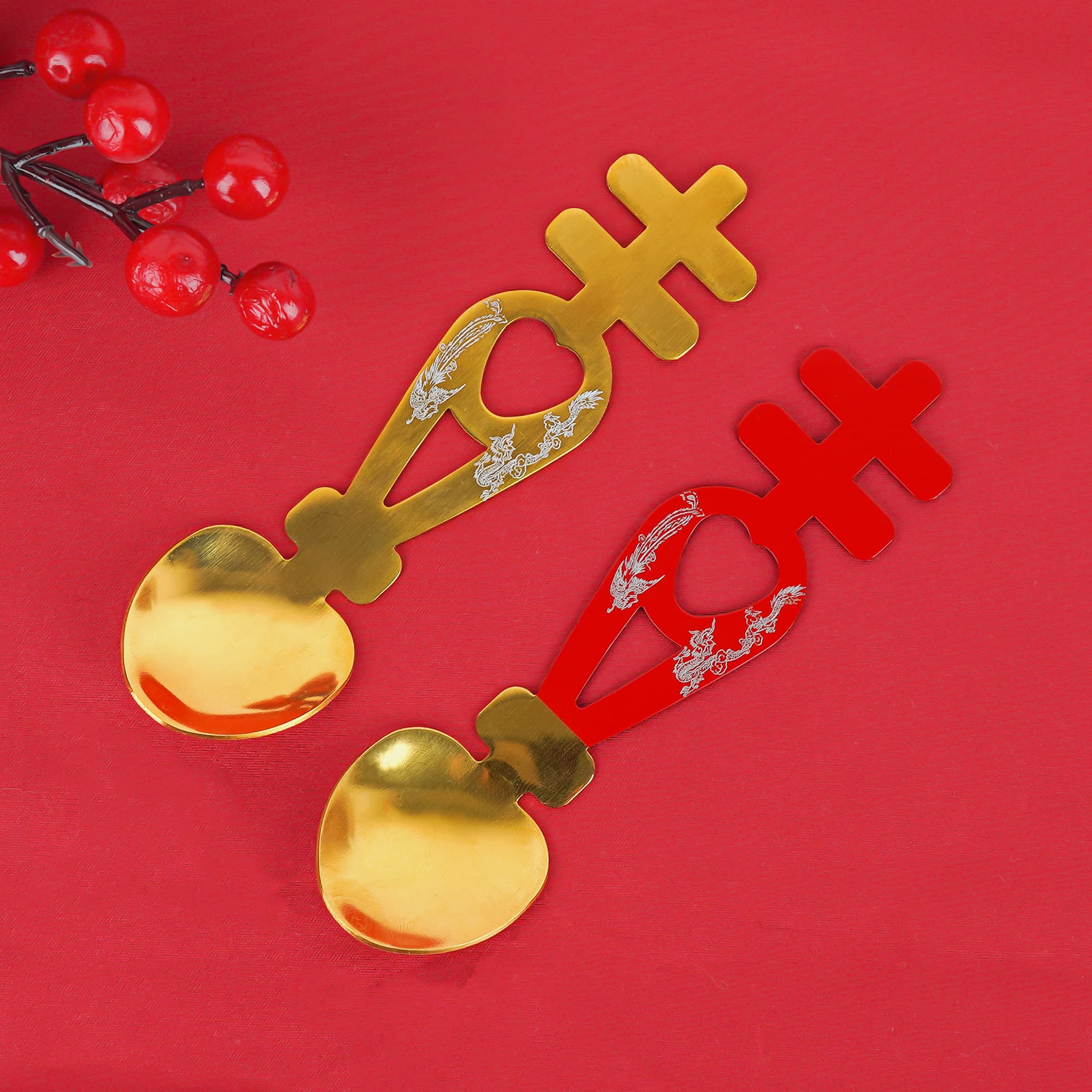 Jankings Stainless Steel Double Happiness Chinese Wedding Spoons with Dragon & Phoenix Design – Decorative Specialty Spoons for Wedding, Home & Gifting (4 PCS) - 3