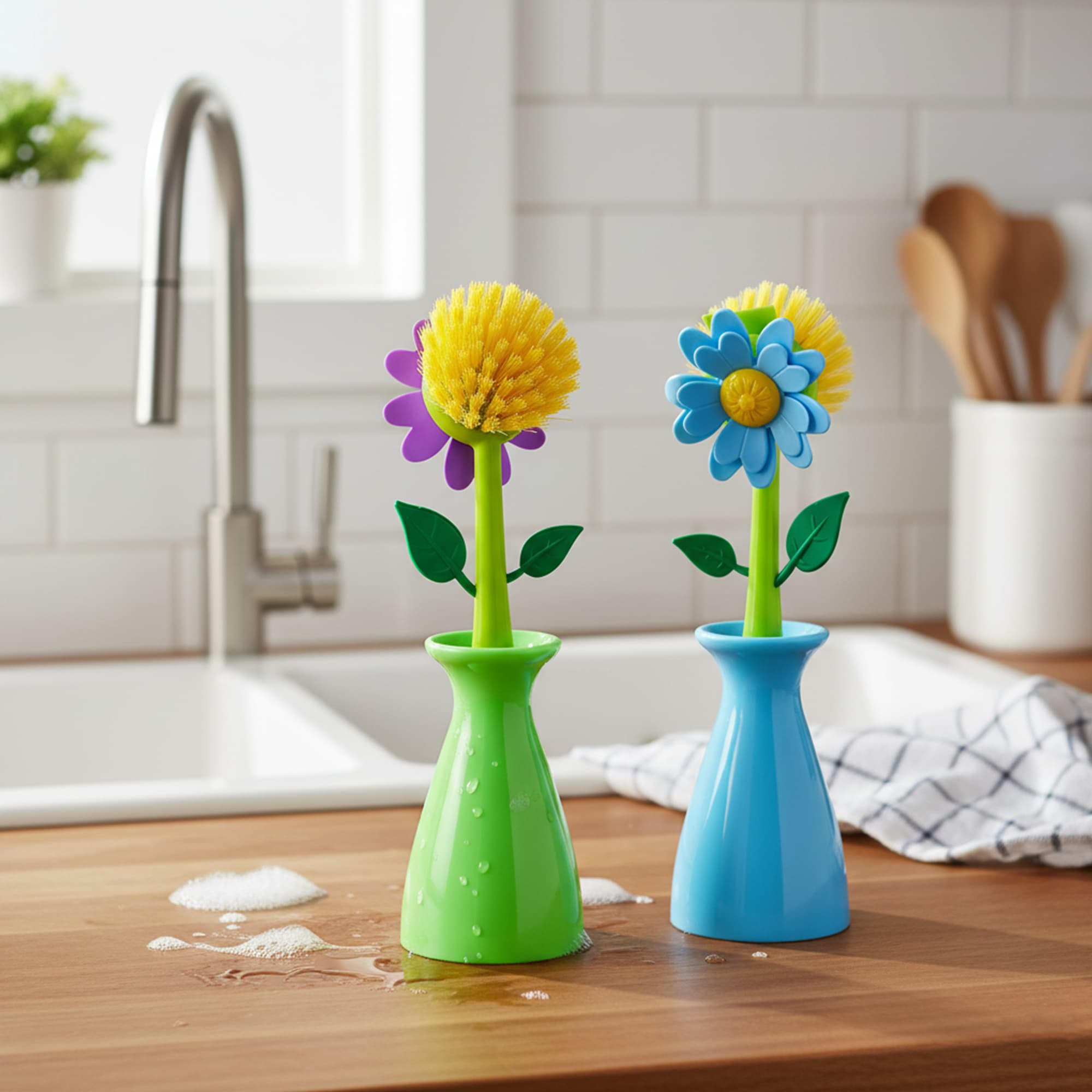 JANKOW Long Handle Vegetable And Fruit Brush, Florganic Dish Brush with Vase, Long Handle Dish Brush Kitchen, for Cleaning Pot Pan Sink Kitchen Supplies Decorative Vase (2 Pcs) (Green/Blue) - 5