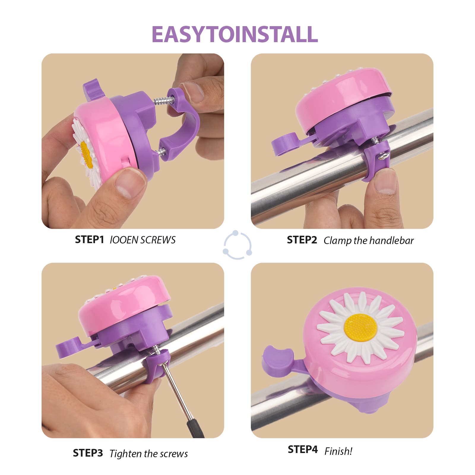 RidingRush Pink Bike Bell for Kids – Cute Daisy Design, Clear Sound, Great for Girls Bikes, Scooters, and More, Easy to Install - 2