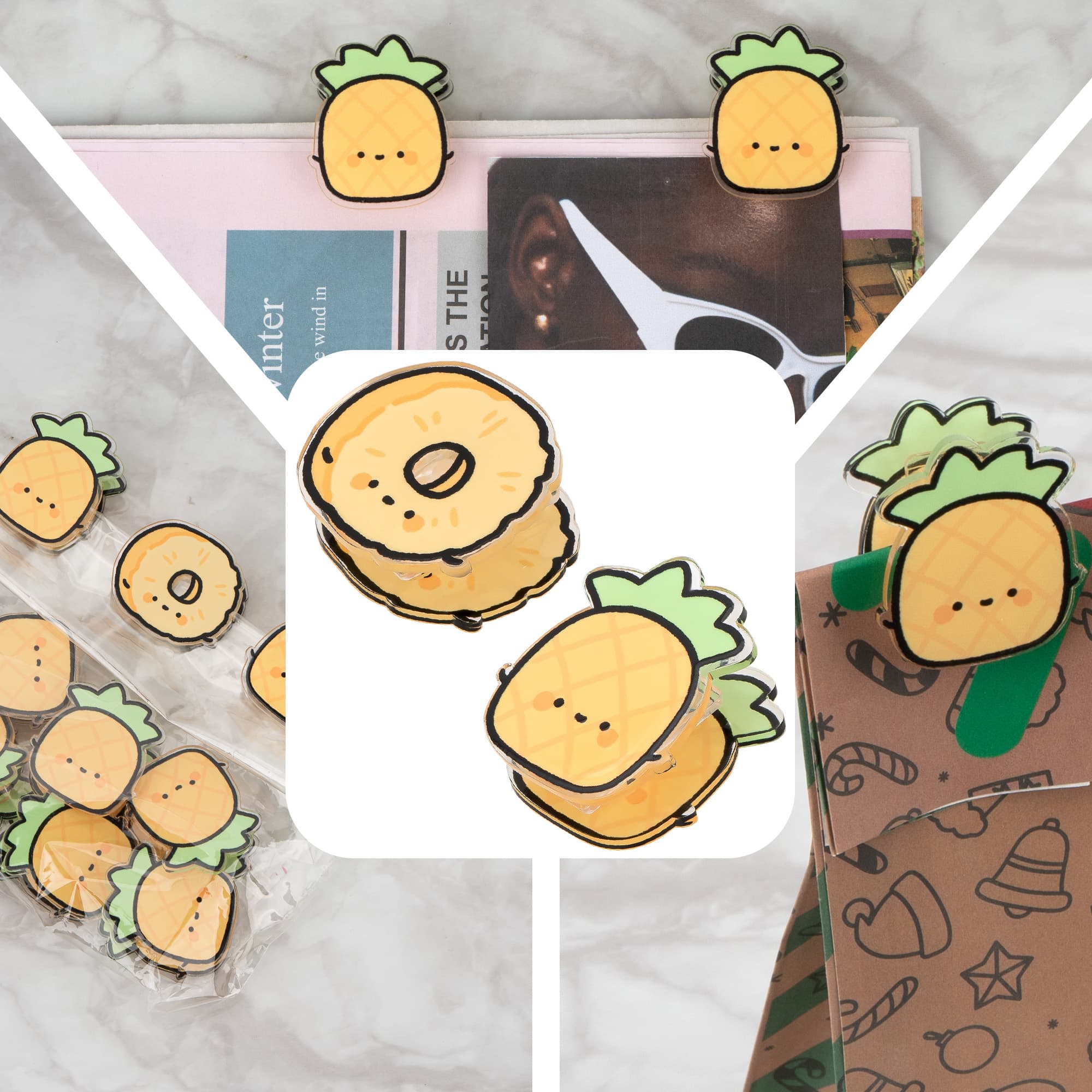CAIRIAC Pineapple Chip Bag Clips, Cute Acrylic Snack & Memo, Yellow Food Storage Clips, 10-Pack (9 Pineapples + 1 Pineapple Ring) - 3