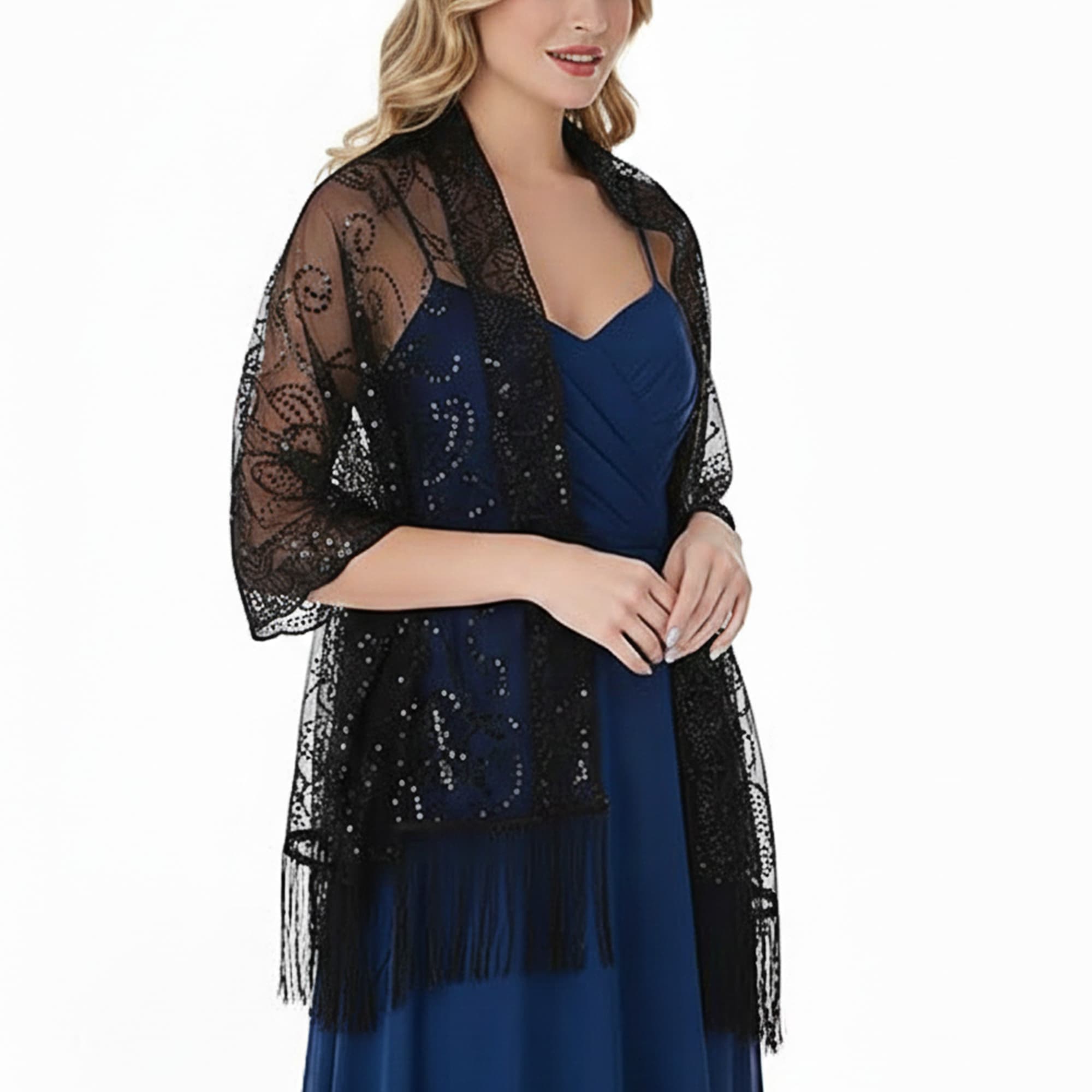 ReignSword Women Sheer Shawls with Floral Sequin Design for Evening Dresses, Elegant Wedding Bridal Lace Scarf, Formal Party Dress Cover with Tassels (Black) - 3