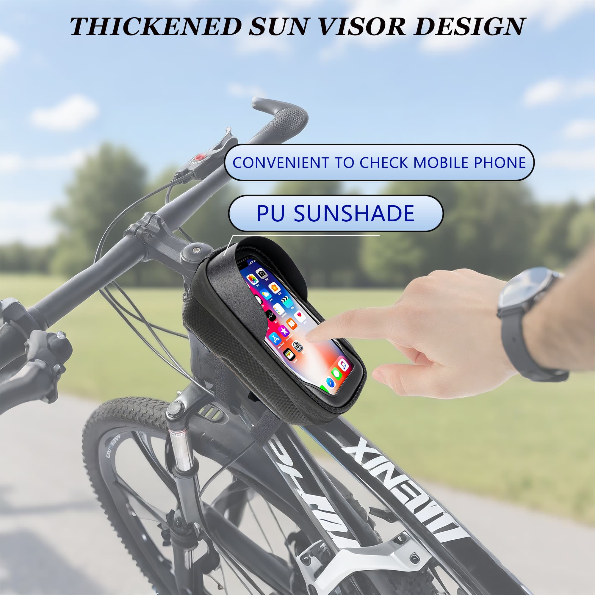 RidingRush Phone Mount for Bike, Waterproof Bicycle Phone Holder Bag with Sun Visor, Touchscreen Phone Case Fits Up to 7 Inch Phones, Bike Frame Bag for Cycling Accessories - 2