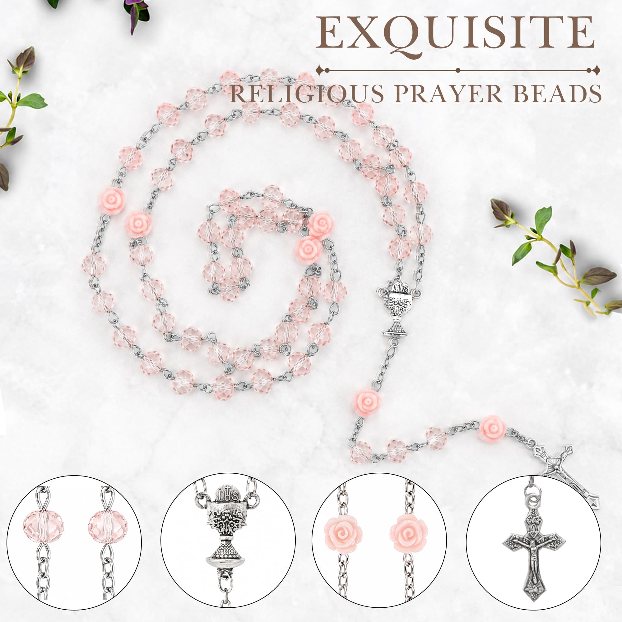 ReignSword Pink Crystal & Rose Rosary Necklace, with Mini PU Keychain Pouch, Portable Catholic Cross Rosary, Prayer Beads, Baptism & Religious Gifts for Women - 2