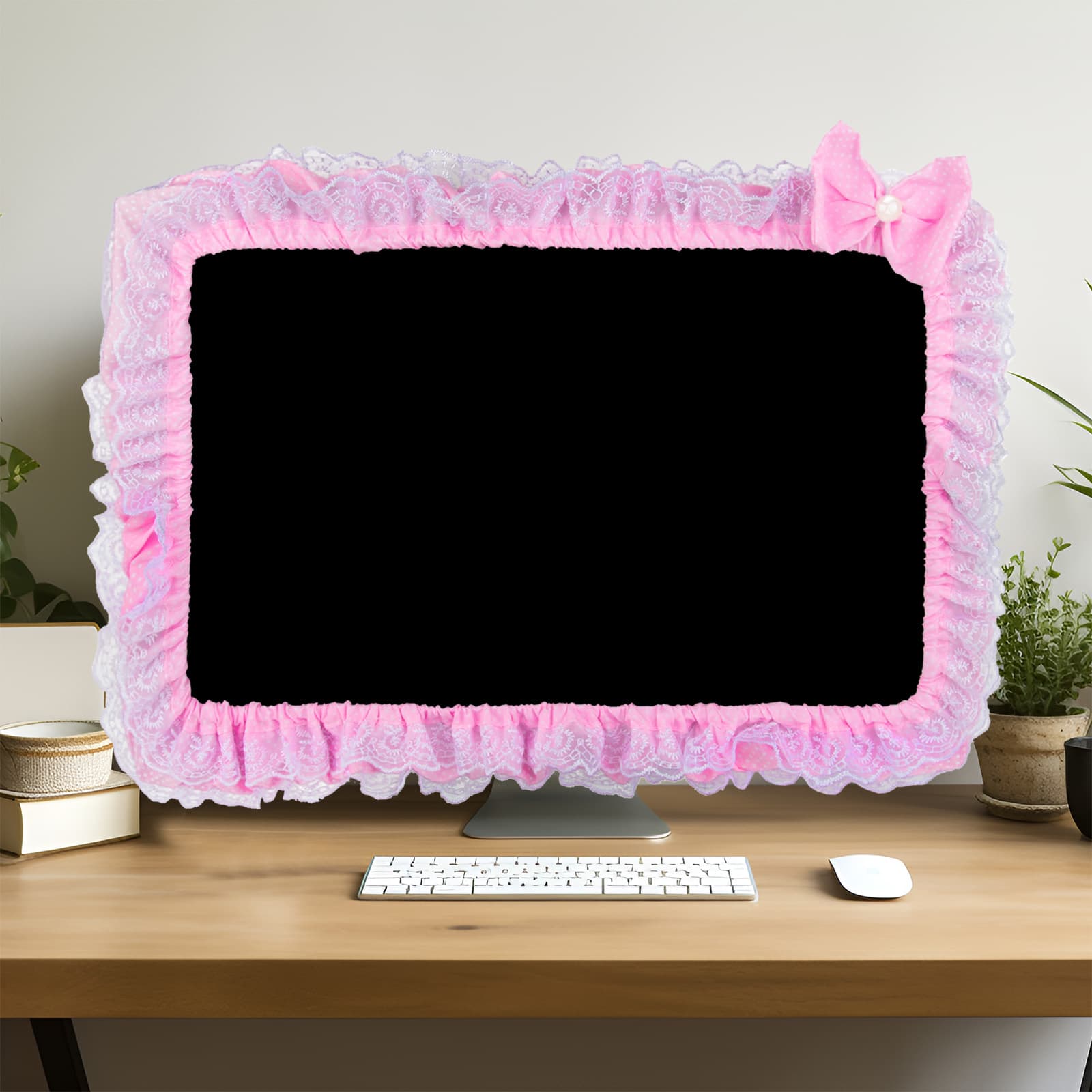 24" Lovely Cute Lace Computer Monitor Cover with Elastic, Bow-knot TV LCD Screen Monitor Decoration Dust Cover Protector, Pink - 4
