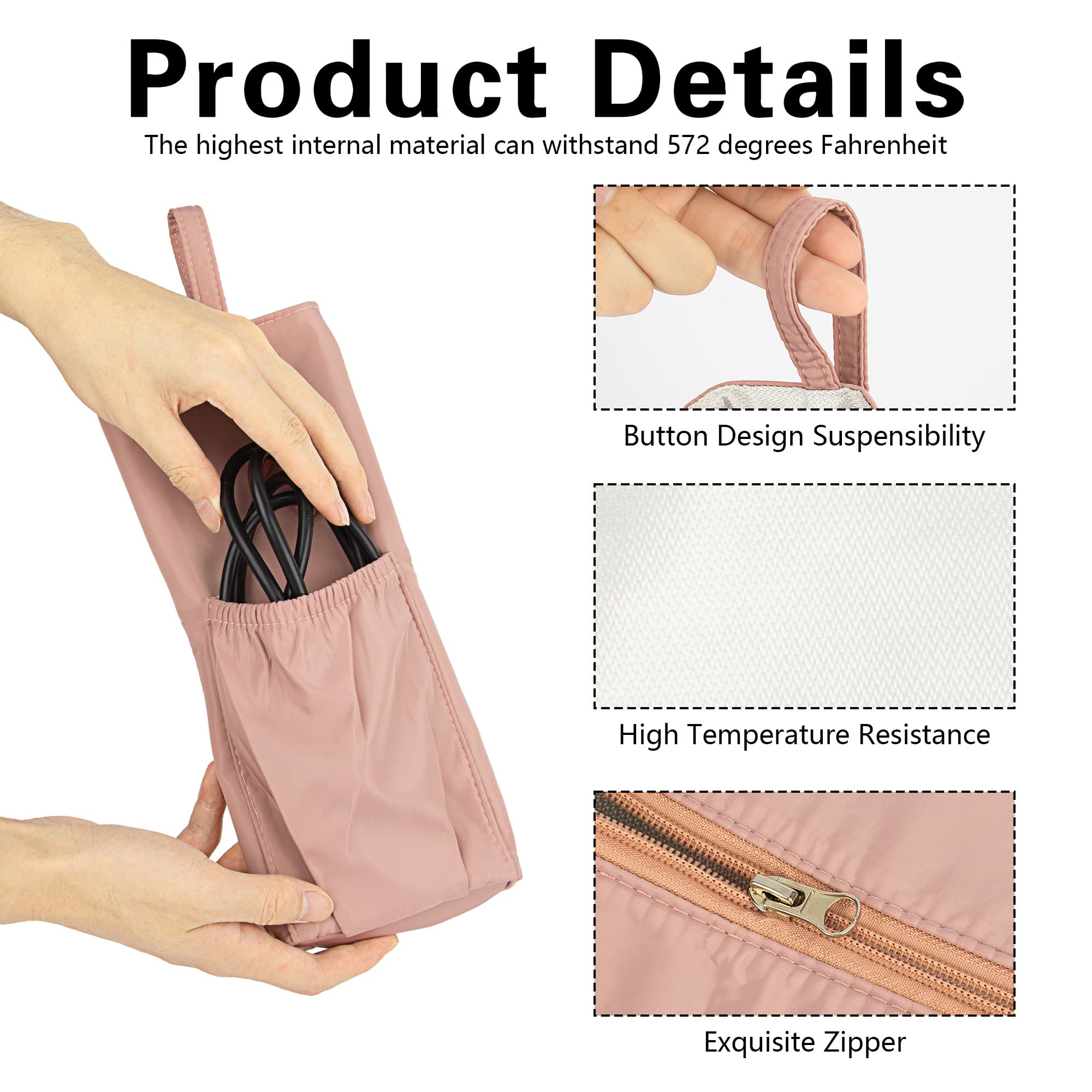 Kingshion Heat Prevention Hair Tools Travel Bag - Thermal Insulation Storage Pouch for Hair Straighteners & Curling Irons with Snap Strap, Dresser Organizer for Home - Pink - 2