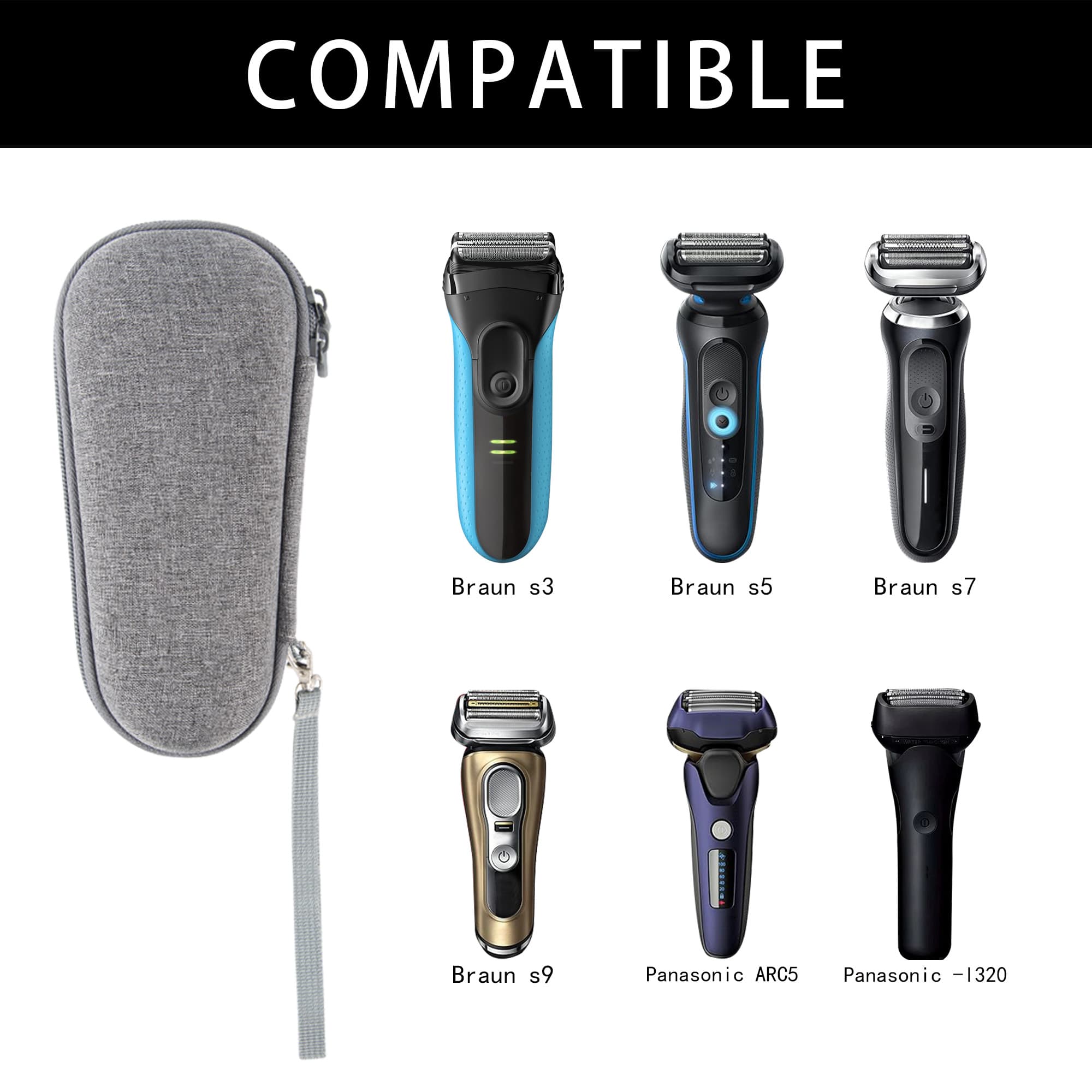 Hard EVA Electric Shaver Case Compatible with Braun S3/S5/S7/S9 & Panasonic es-L320, Splash-Prevention Shockproof Storage Box with Elastic Strap and Charger Mesh Pocket (Gray) - 3