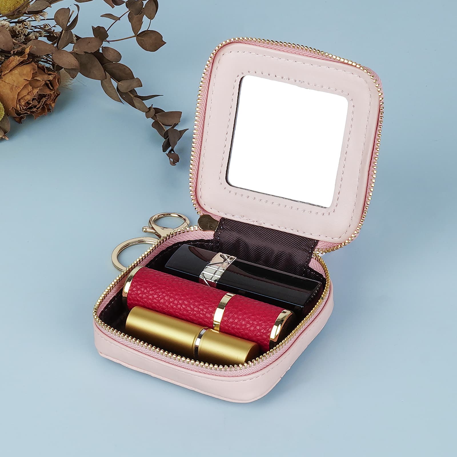 JANKOW Llipstick Holder with Mirror, Leather Lipstick Case with Mirror, Portable Mini Cosmetic Pouch, Suitable Daily Touch-up Cute Lipstick Holder Cosmetic Storage Bag for Women Girls (1Pcs Pink) - 3
