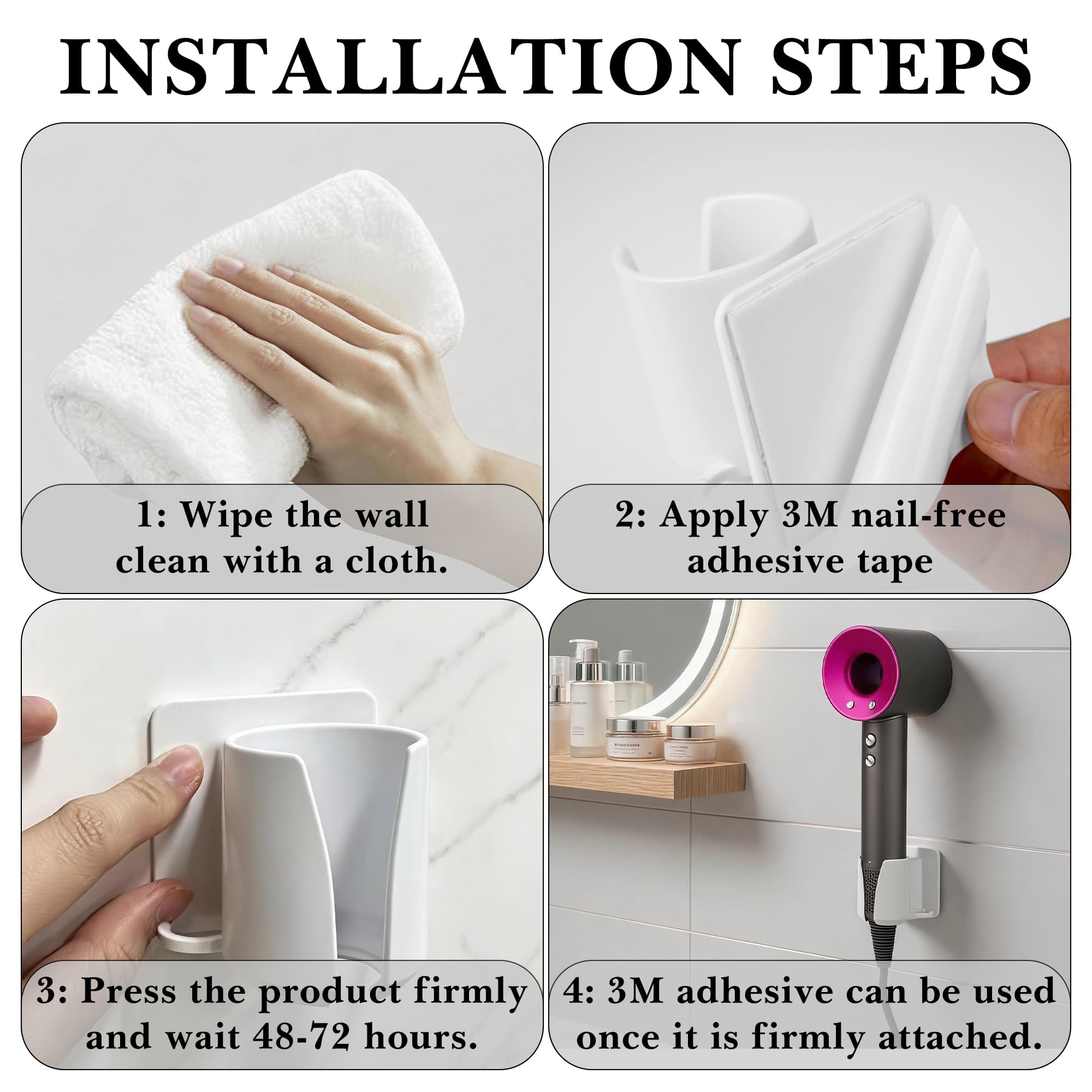 ReignSword Hair Dryer Wall Mount Holder, Plastic Bathroom Organizer Rack Compatible with Dyson Supersonic HD17, Blow Dryer Storage Stand with Inner 1.54" Diameter (White) - 3