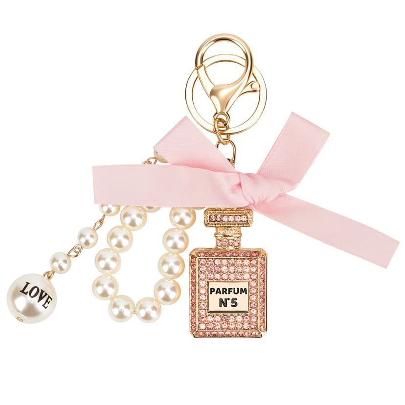 ReignSword Pearl Bow Perfume Purse Keychain for Women, Elegant Crystal Perfume Bottle Key Ring, Bling Car Key Chain & Handbag Charm (Pink)