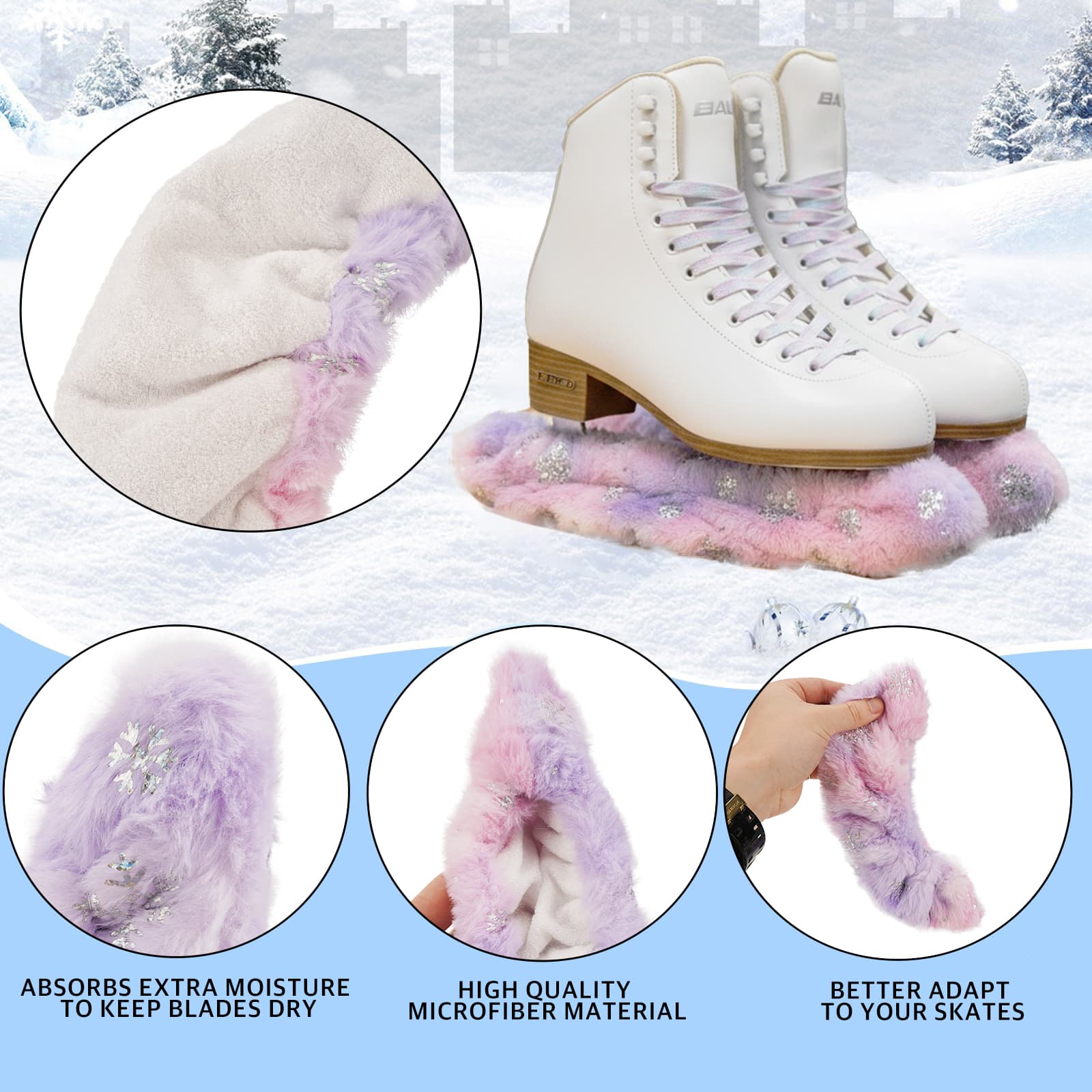 RidingRush Figure Skating Blade Guards - Soft Plush Fur with Snowflake Sequins, Stretchable Design, Bamboo Fiber Lining, Fits Most Skate Sizes, Available in Pink-Purple - 2