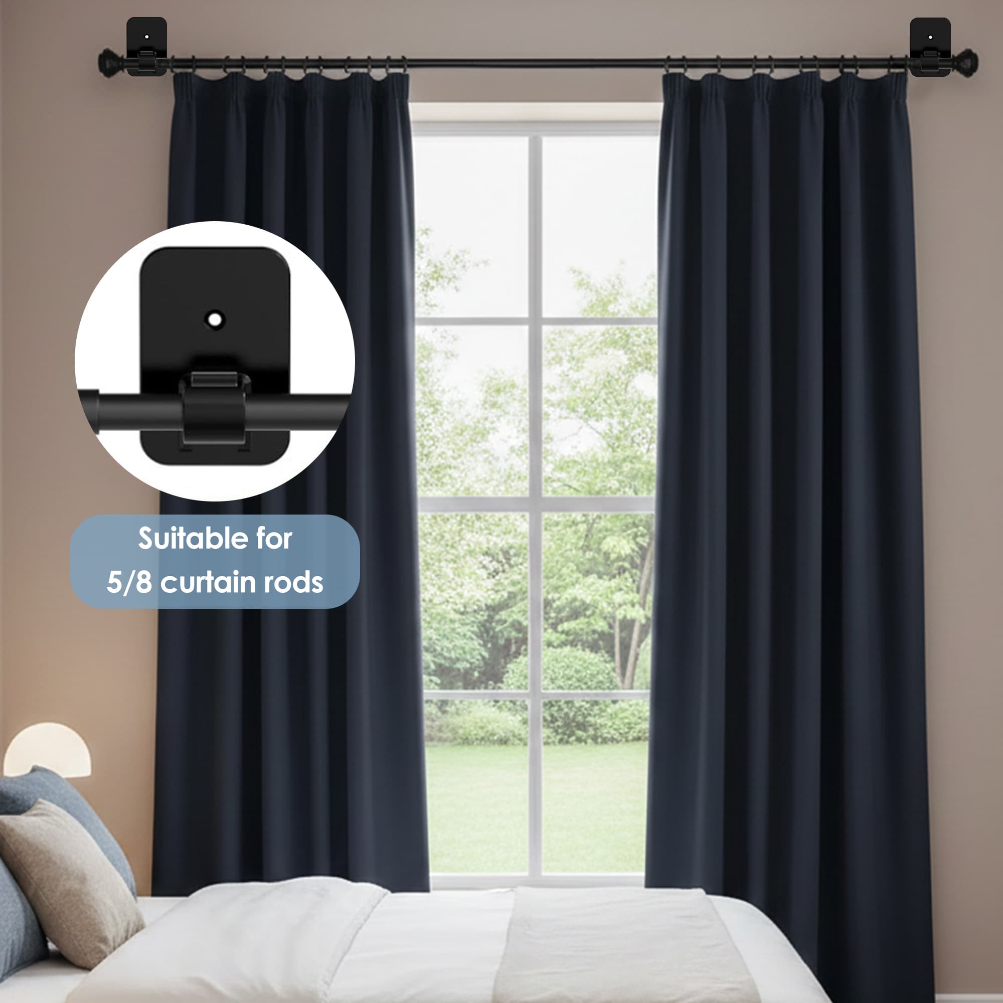 ReignSword No Drill Curtain Rod Brackets, 2 Pack Self Adhesive Heavy Duty Rod Holders for 5/8" Poles, Peel and Stick Hooks Hangers with Spring Snap Fastener for Bathroom Kitchen Dorm (Black) - 3