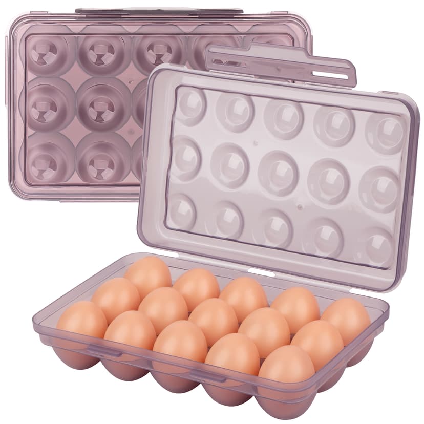 JANKINGS Portable Stackable Egg Storage Box, 2-Pack 15-Count Egg Holders with Lids for Refrigerator, Travel & Camping, Purple PP Egg Tray Organizer