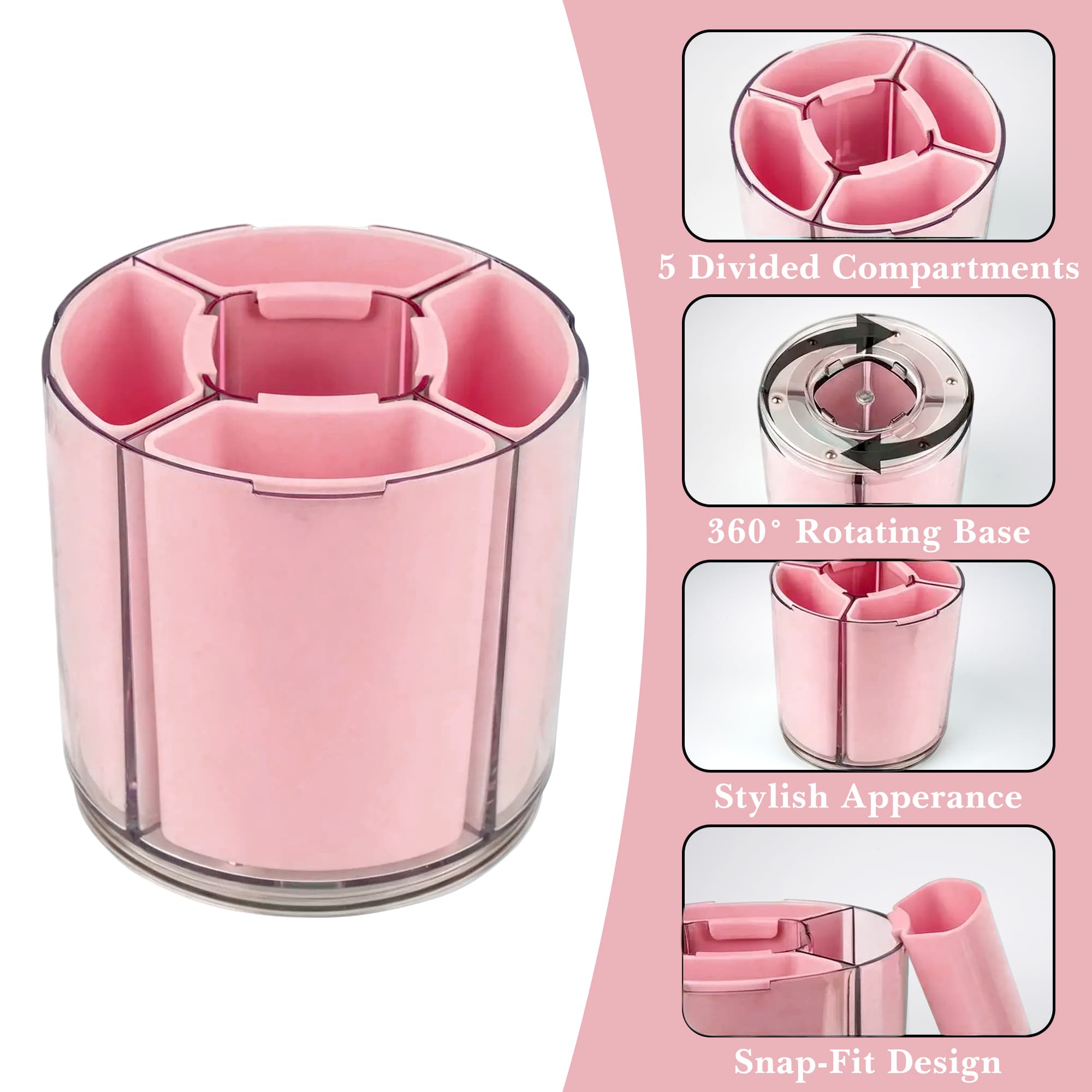 ReignSword 360° Rotating Pen Holder, Expandable 5-9 Slots Desk Organizer, Clear Detachable Pencil Cup Caddy, Aesthetic Desktop Supplies for Office Home (Pink) - 2