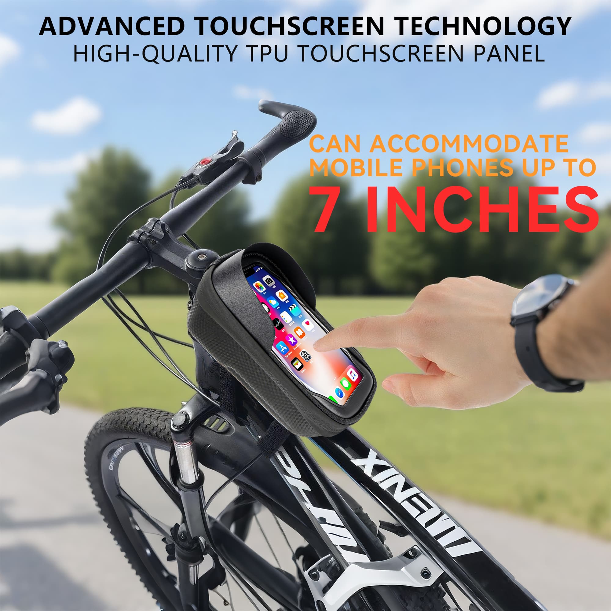 RidingRush Phone Mount for Bike, Waterproof Bicycle Phone Holder Bag with Sun Visor, Touchscreen Phone Case Fits Up to 7 Inch Phones, Bike Frame Bag for Cycling Accessories - 5