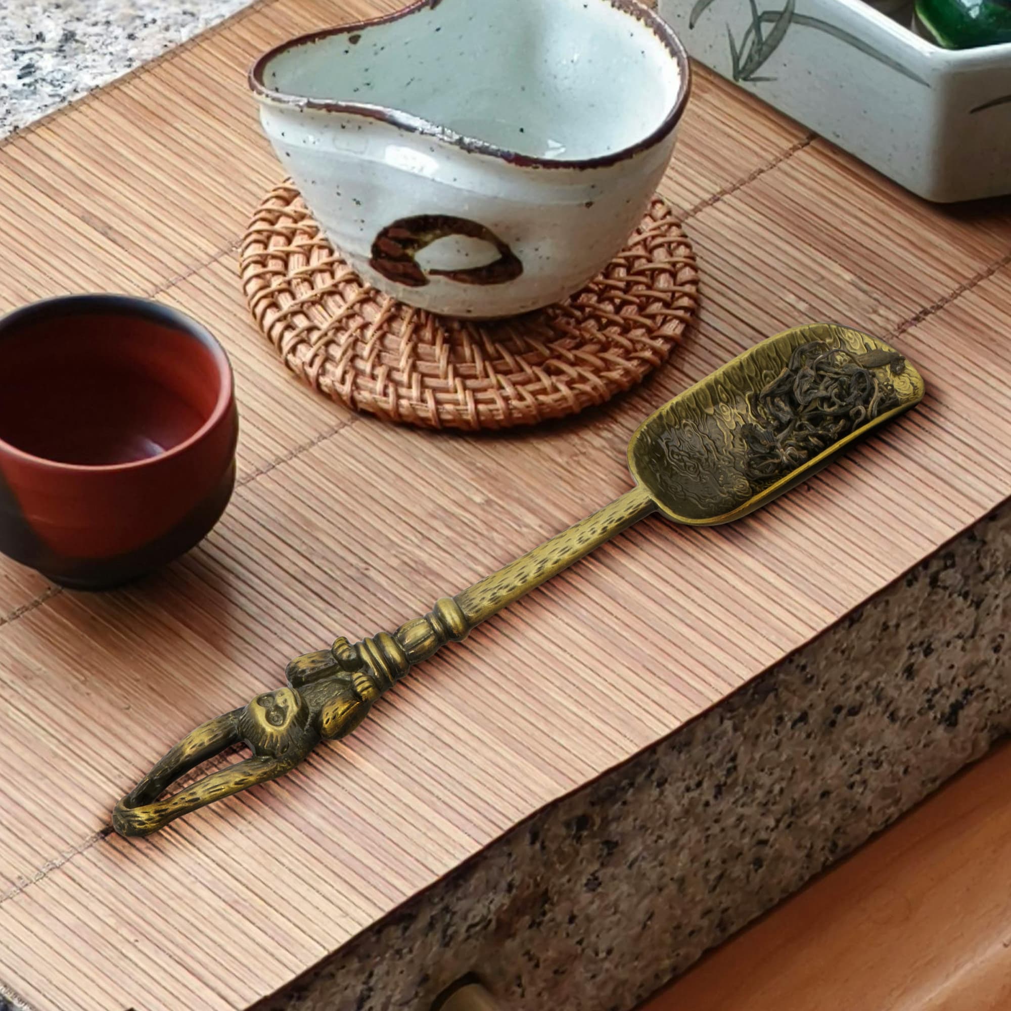 JANKINGS Vintage Bronze Monkey Tea Scoop, Zinc Alloy Loose Leaf Tea Measuring Spoon, Set of 2 - 4