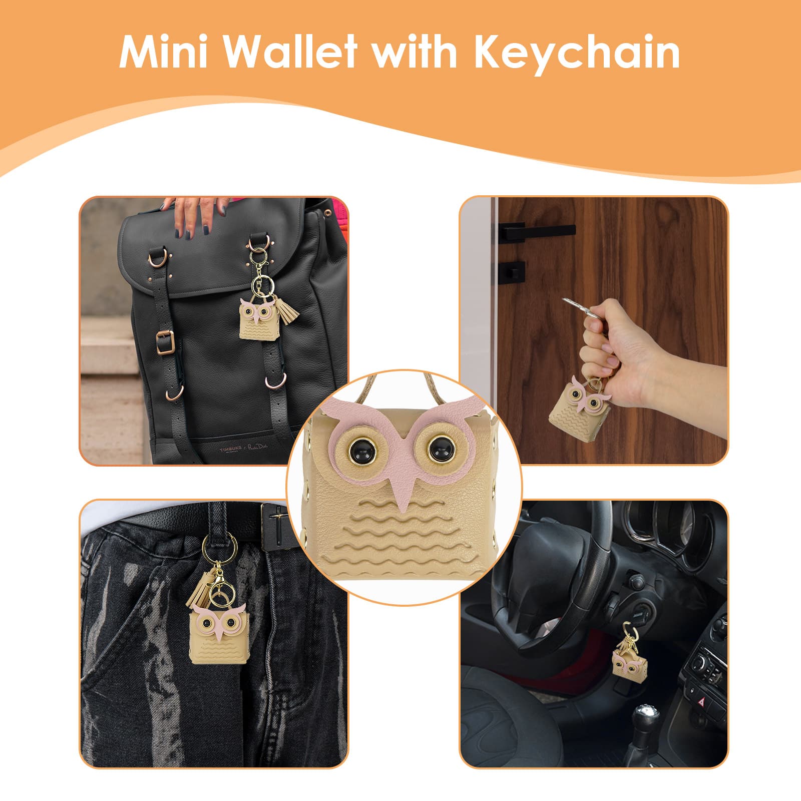 CAIRIAC Mini Coin Purse Keychain Cute Owl Backpack Change Wallet Bags Jewelry Pouch with Keyring for Women Storage Coins, Wireless Earbuds, Rings, Earrings (Khaki) - 1