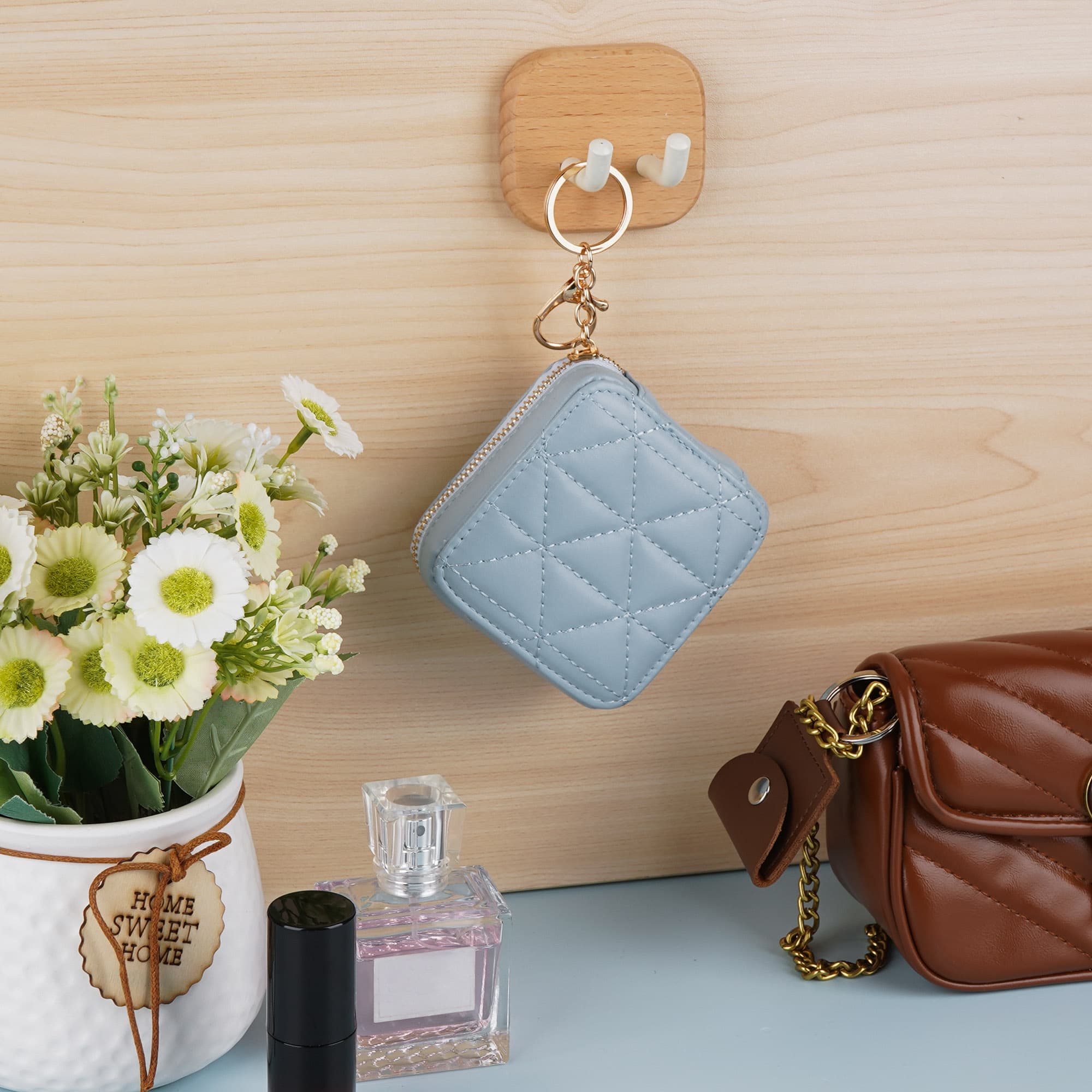 JANKOW Mini Cosmetic Pouch with Mirror, Light Blue Quilted PU Leather Makeup Bag for Purse, Zipper Travel Lipstick Case, 1-Pack - 6