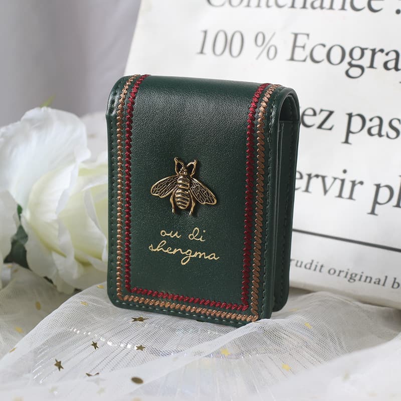 JANKINGS Genuine Leather Lipstick Case with Mirror, Mini Portable Makeup Bag for Purse, Dark Green, 1-Pack - 4