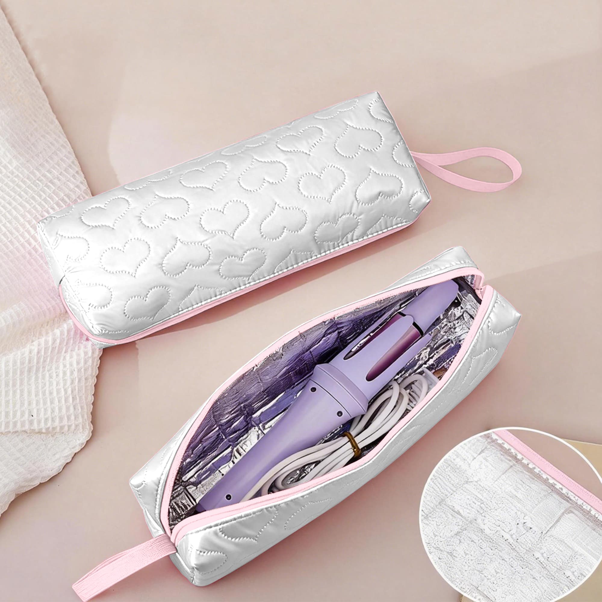 ReignSword Heat Resistant Hair Tools Travel Bag, Portable Storage Case Pouch with Heart Pattern for Curling Irons, Flat Irons, Hair Straighteners and Accessories (White) - 7