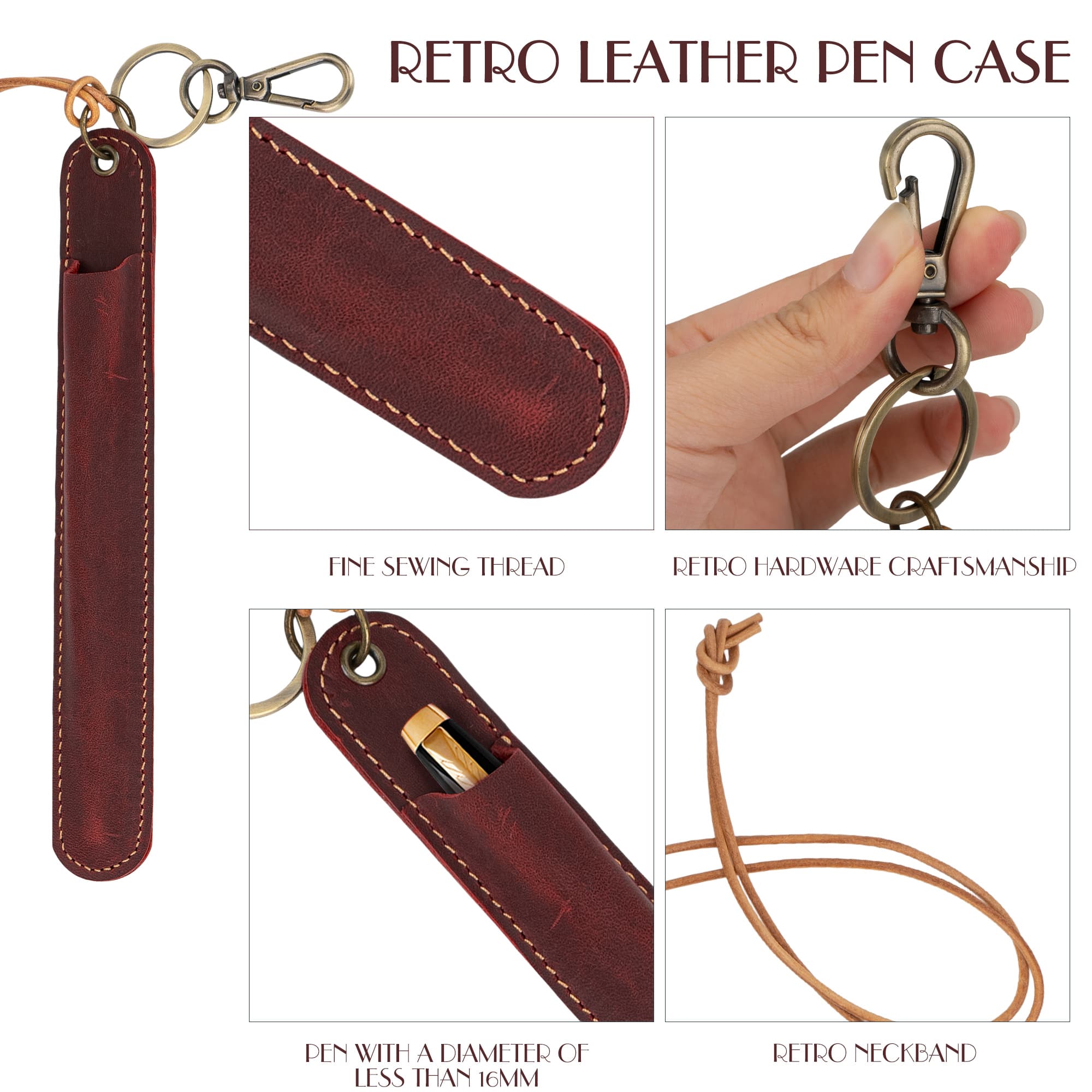 JANKINGS Genuine Leather Neck-Hanging Fountain Pen Pouch, Crazy Horse Wine Red Lanyard Pen Sleeve with Clip – Single Pen Holder, Red, 1-Pack - 2