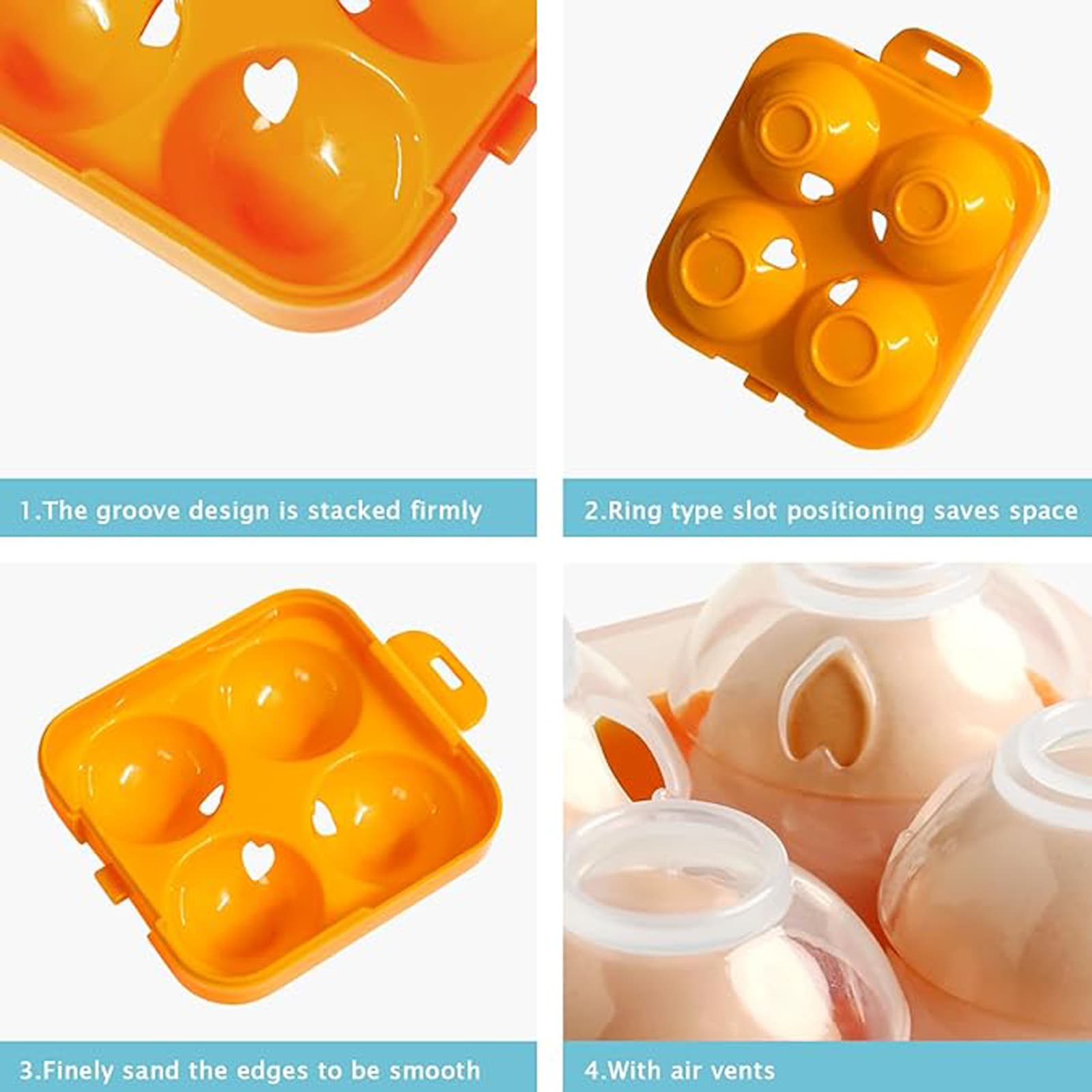 JANKOW 4 Girds Egg Holder Container, Plastic Egg Storage Box Shockproof Protection, Portable Egg Tray Carriage Dispenser for Refrigerator Camping Picnic Travel Kitchen Outdoor (orange 2 Pcs) - 3