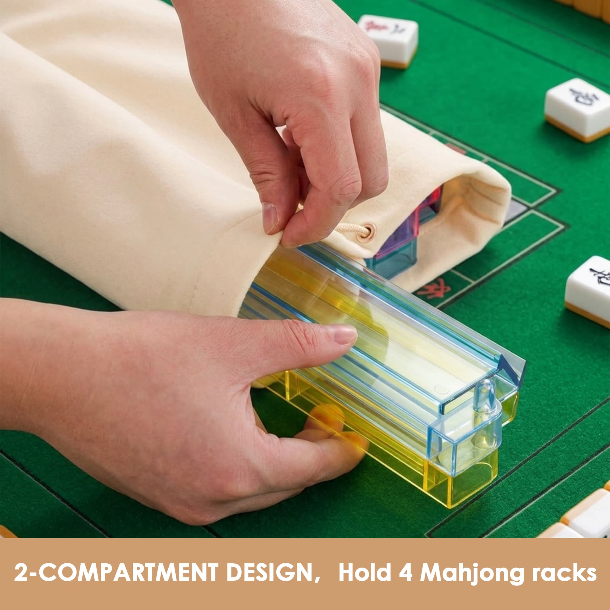 ReignSword Velvet Mahjong Rack Storage Bag, 22x9.5 Inch Drawstring Pouch, 2-Compartment Organizer for 4 Mahjong Racks & Pushers, Protective Holder for Mah Jongg Accessory (Beige) - 4