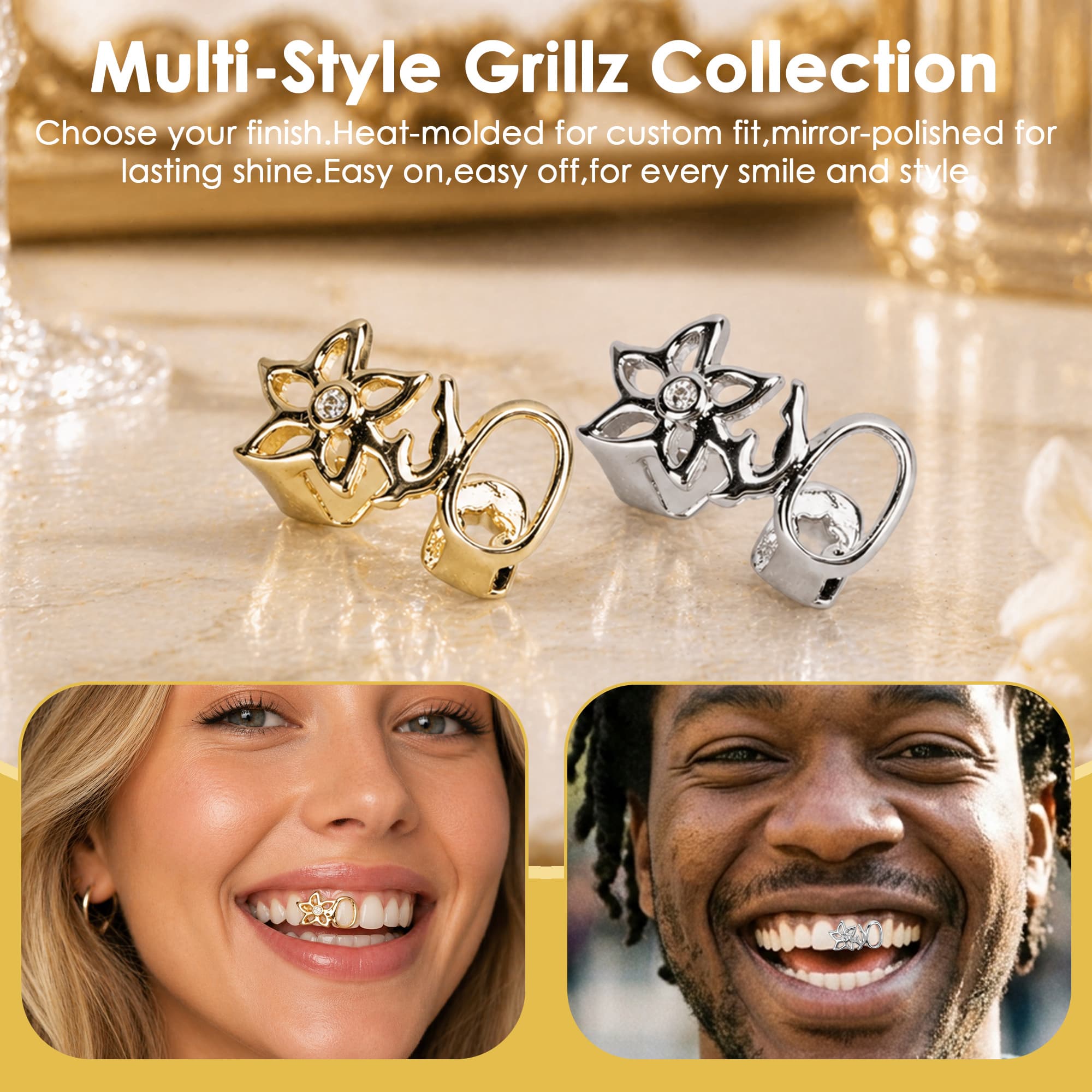 ReignSword Silver Teeth Grillz, Flower Star Design Hollow CZ Grill Caps, Adjustable Custom Fit with Molding Bars, Hip Hop Fashion Jewelry for Men Women - 3
