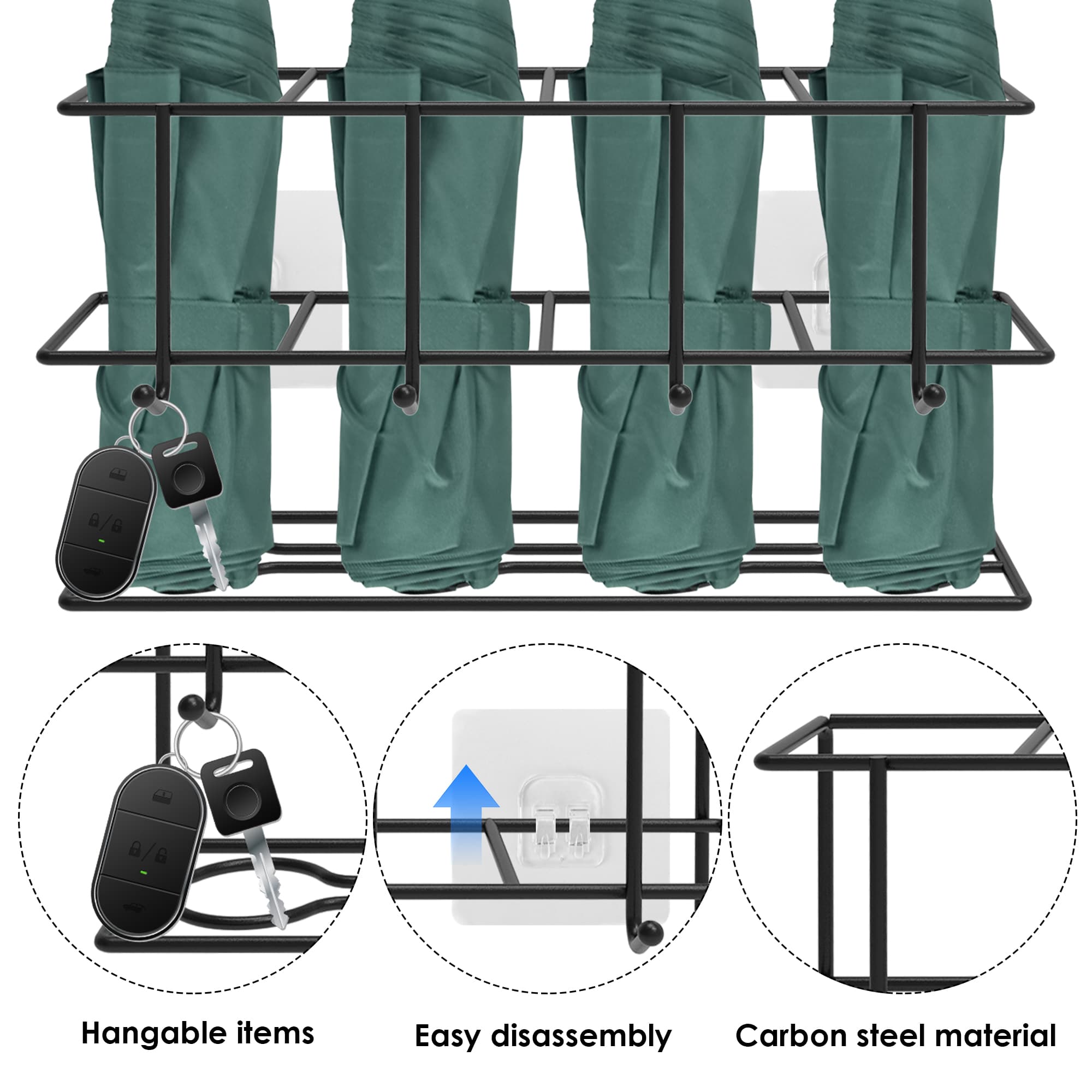 ReignSword Umbrella Holder for Entryway, Self-Adhesive Umbrella Rack with 4 Hooks, Metal Space Saving Storage Organizer for Home Office Outdoors (Black) - 3