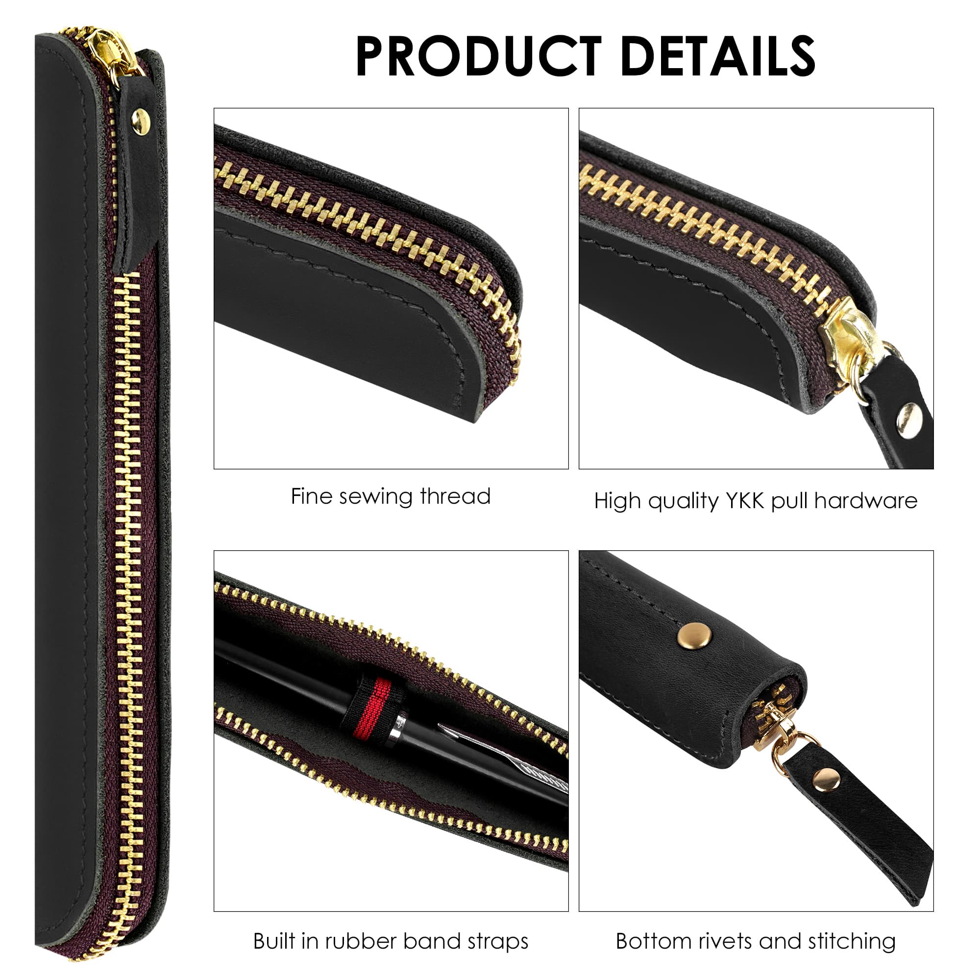 JANKINGS Crazy Horse Leather Zipper Pen Pouch Handmade, Single Pen Case Fountain Pen Sleeve Holder Pouch Cover Vintage, Mini Pencil Bag (Black) - 2
