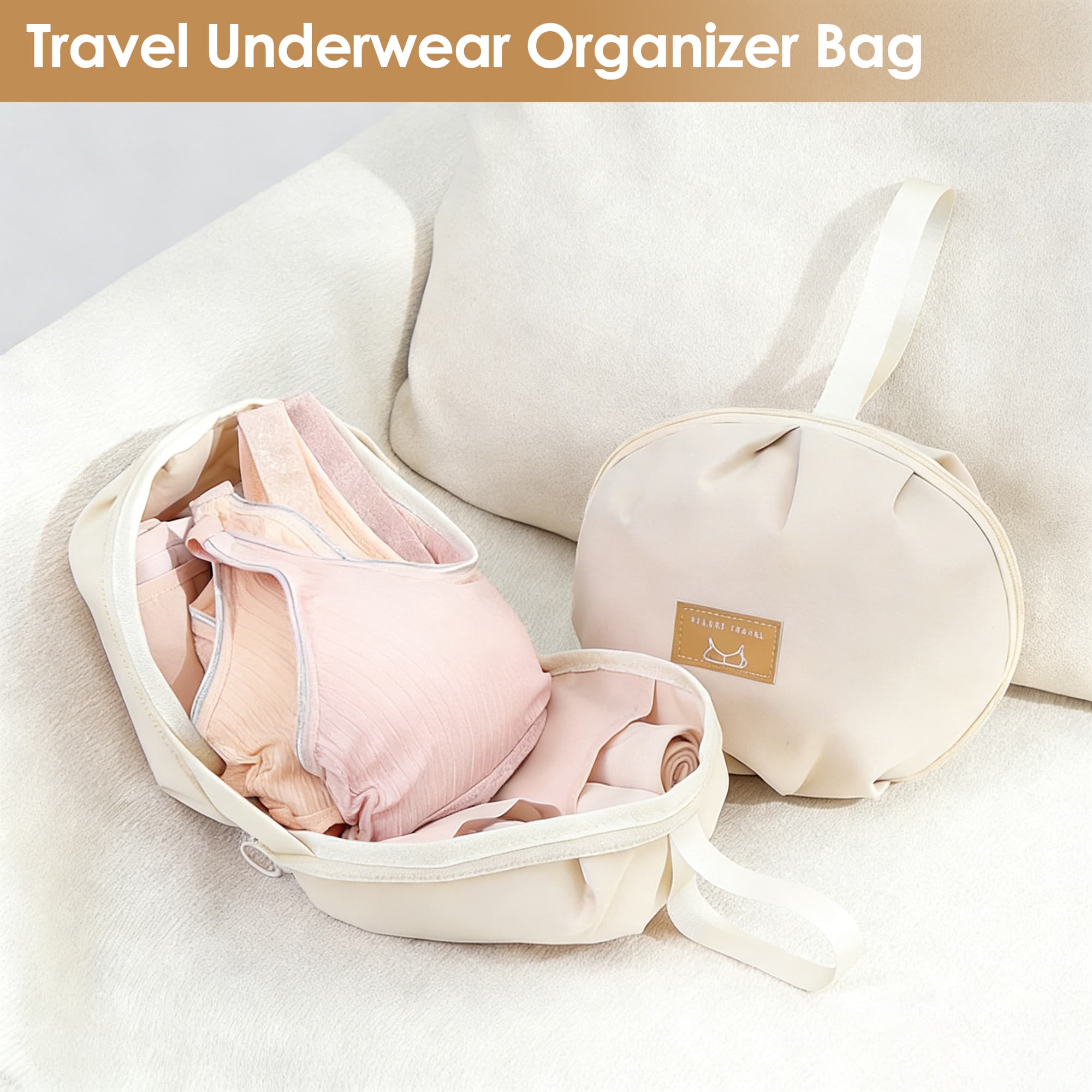 ReignSword Travel Underwear and Sock Organizer Bag, Portable Lightweight Packing Storage Bag for Women, Multiple Compartments and Pockets (Beige ) - 4