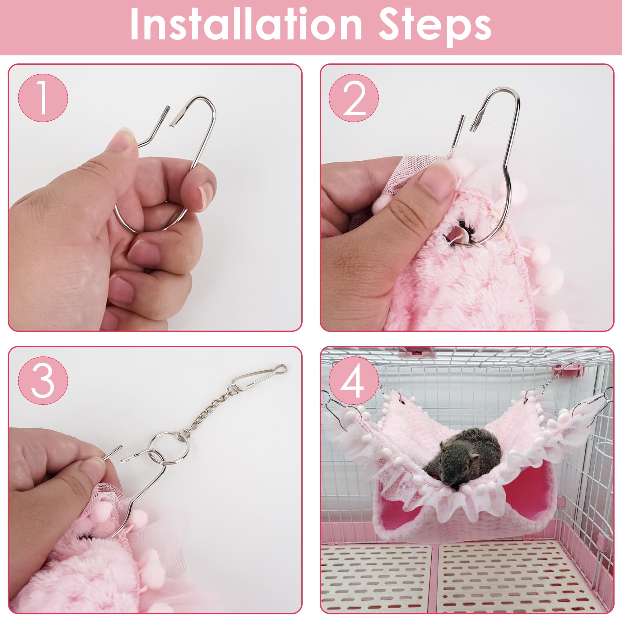ReignSword Guinea Pig Hideout, Warm Guinea Pig Bed with Lace Trim, Hanging Bunkbed Hammock Cage Accessories for Ferret, Rat, Hamster, Chinchilla, Sugar Glider, Squirrel (Pink) - 5