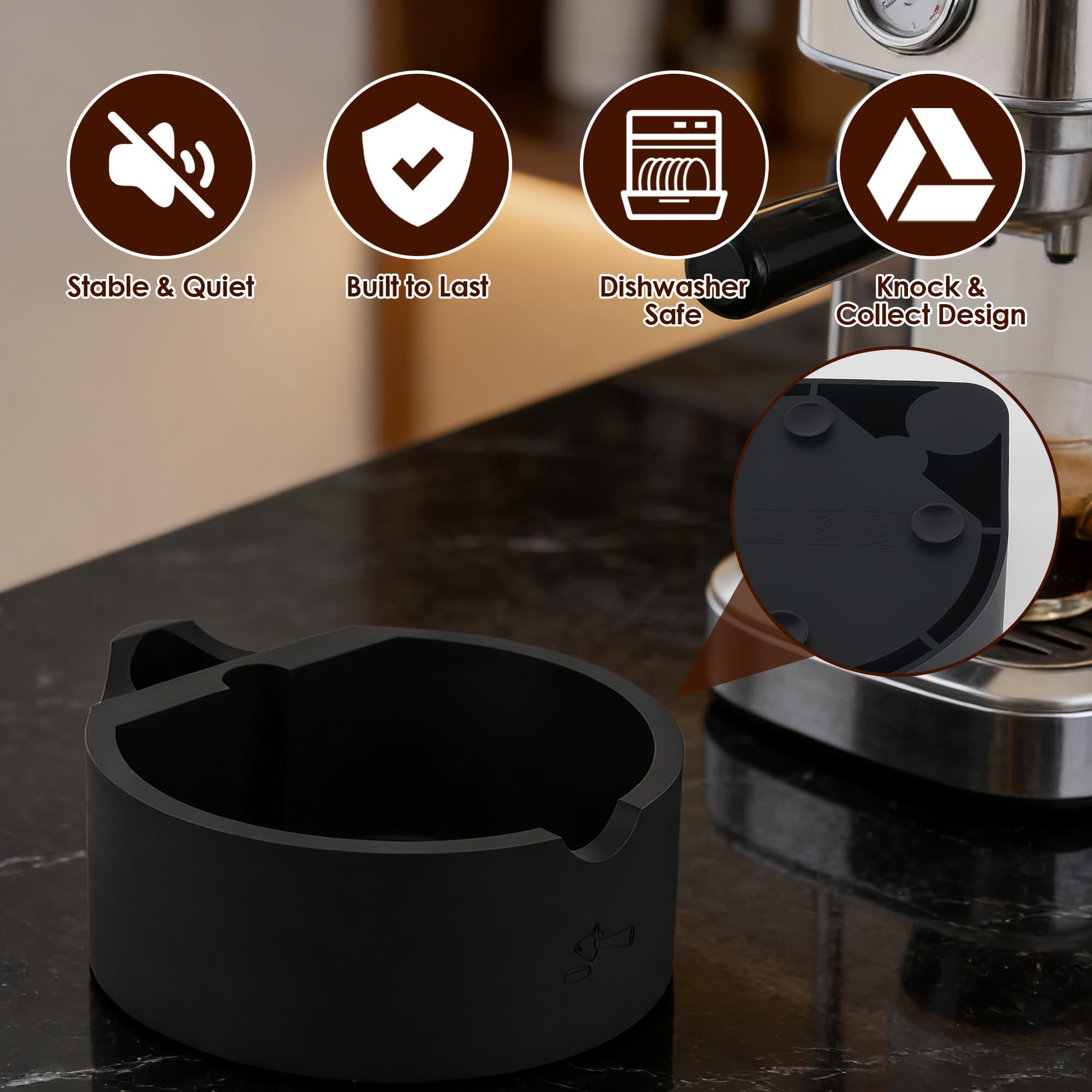 ReignSword Silicone Espresso Knock Box, Non-Slip Coffee Grounds Container, Countertop Espresso Accessories, Large Capacity Barista Knock Bin for Home Coffee Station (Black) - 4