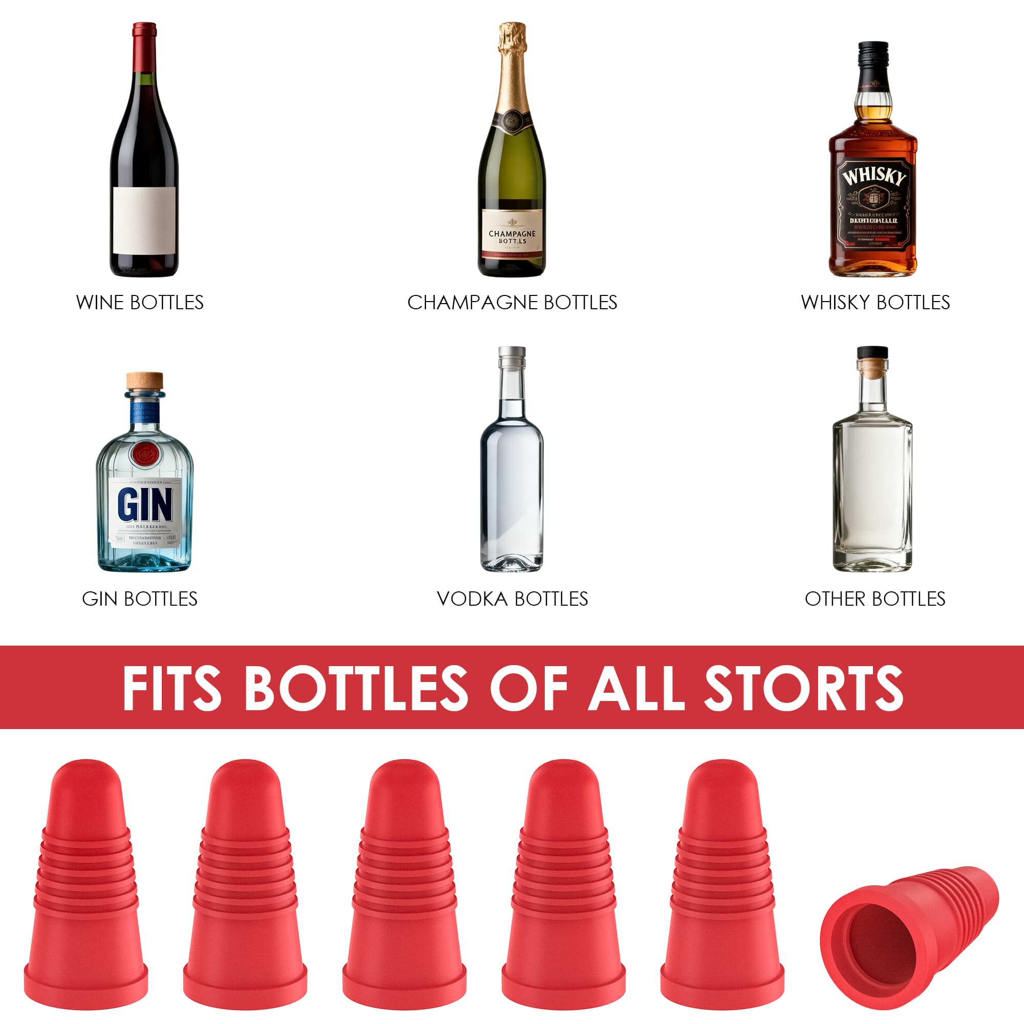 JANKINGS Silicone Wine Stoppers, Red, 6-Pack - Reusable Airtight Bottle Plugs for Wine Bottles, Food-Grade, Leak-Proof, Easy-Grip, Dishwasher Safe - 2