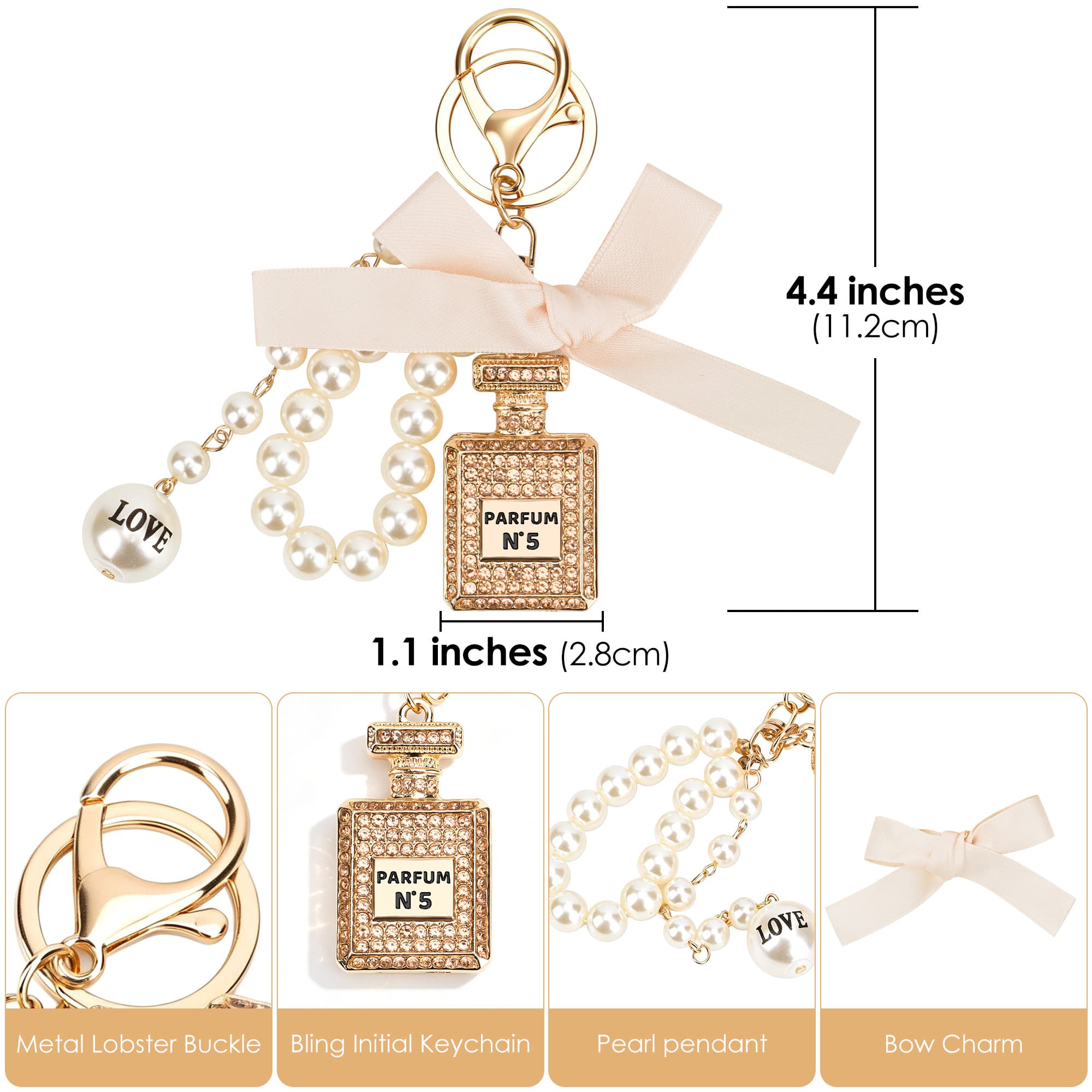 ReignSword Pearl Bow Perfume Purse Keychain for Women, Elegant Crystal Perfume Bottle Key Ring, Bling Car Key Chain & Handbag Charm (Champagne) - 3