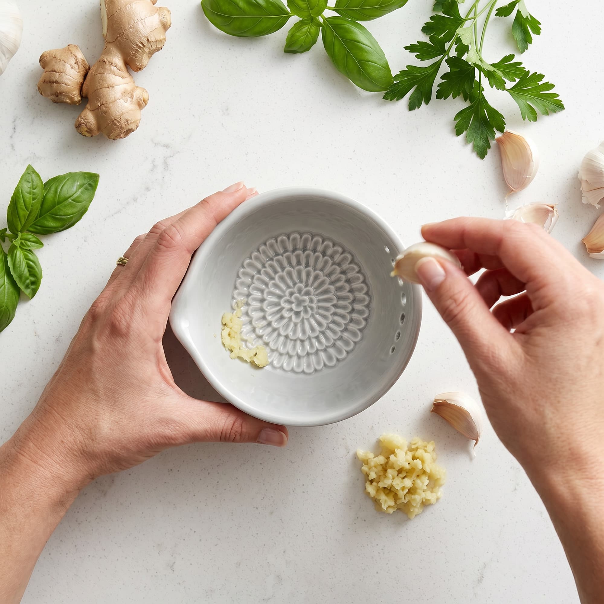 ReignSword Ceramic Garlic Grater Bowl, Gray Embossed Ginger Grater Plate with Stripping Holes, Multi-Use Grinder for Garlic Ginger, with Silicone Brush - 4