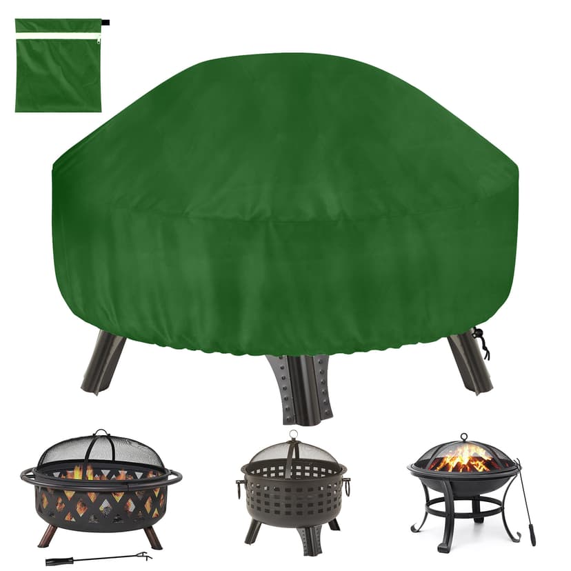 Kingshion 22-32 Inch Fire Pit Cover with Storage Bag, Dustproof Outdoor Fire Pit Table Cover,  Heavy Duty Polyester Firepit Cover Round with Windproof Drawstring & Waterproof Layer, Green