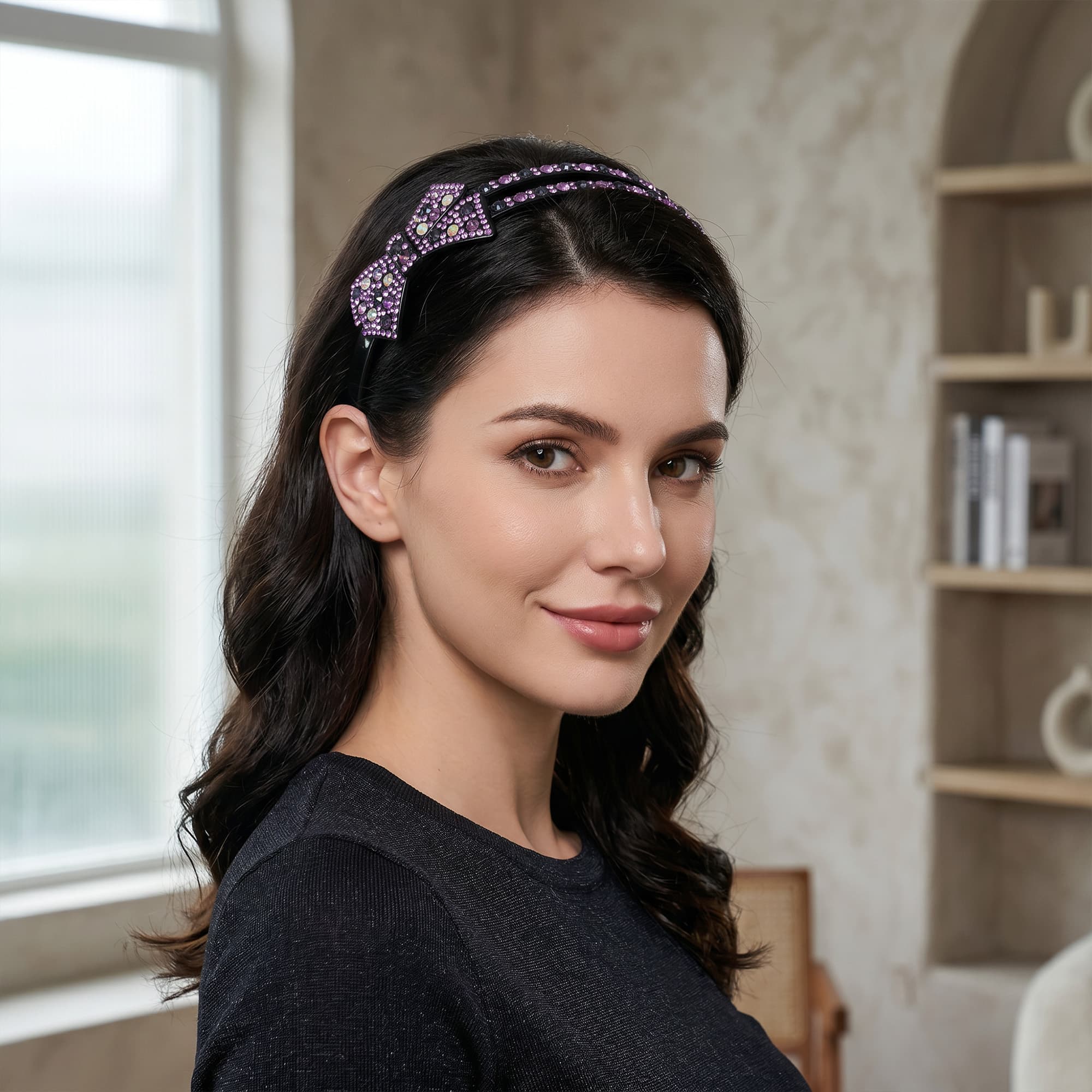 ReignSword 2 Pack Rhinestone Headbands for Women, Sparkly Crystal Bow & Flower Hair Bands, Non-Slip Plastic Hair Hoops for Daily Party (Purple) - 4